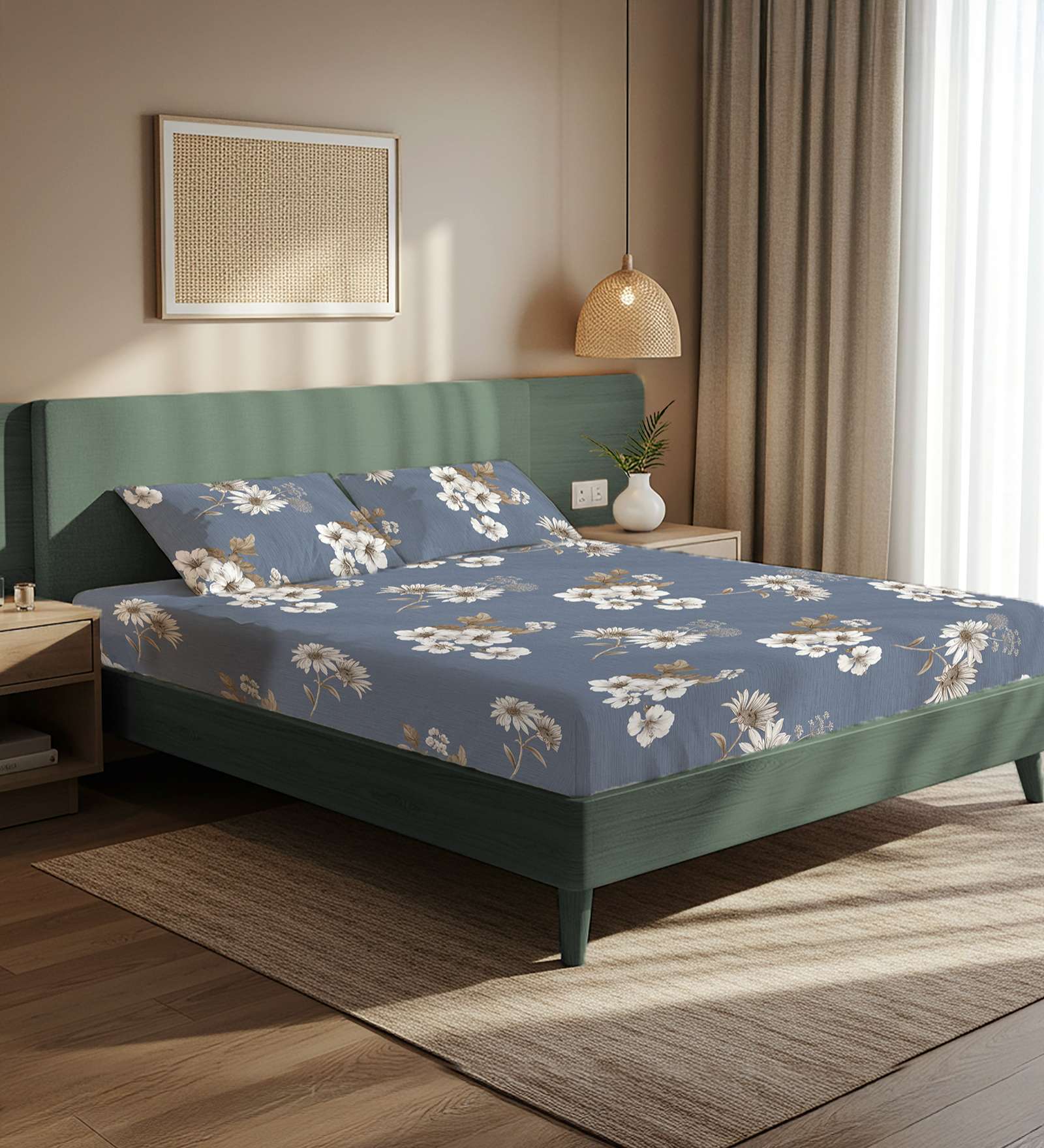 Blue Floral 200 TC Microfiber Double Bedsheet with 2 Pillow Covers