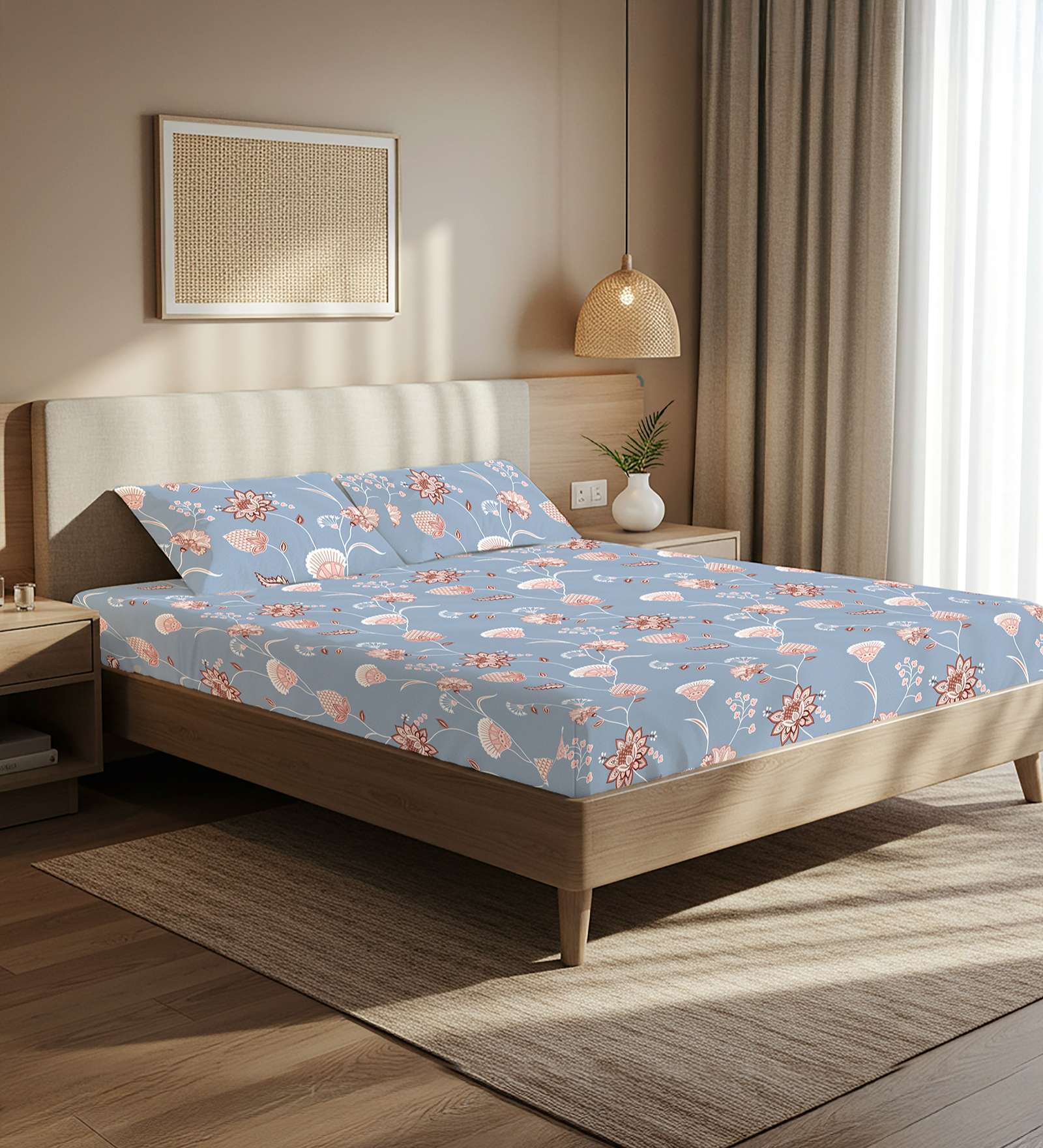 Blue Floral 200 TC Microfiber Double Bedsheet with 2 Pillow Covers