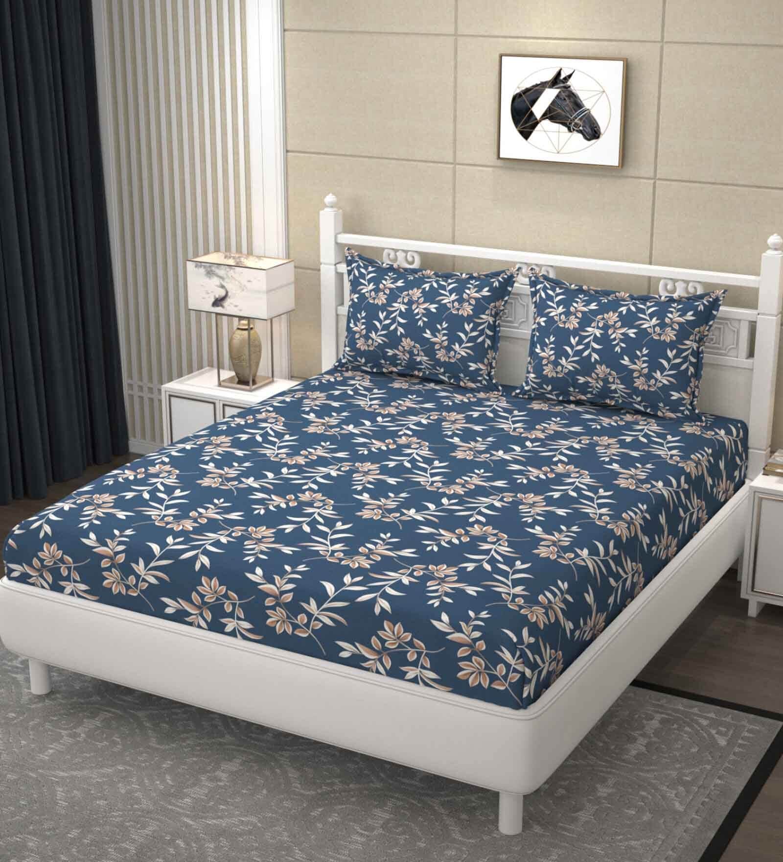 Blue Floral 200 TC Ultrasoft Microfiber Queen size Flat Double Bedsheet With Two Pillow Covers (90x90 inches)