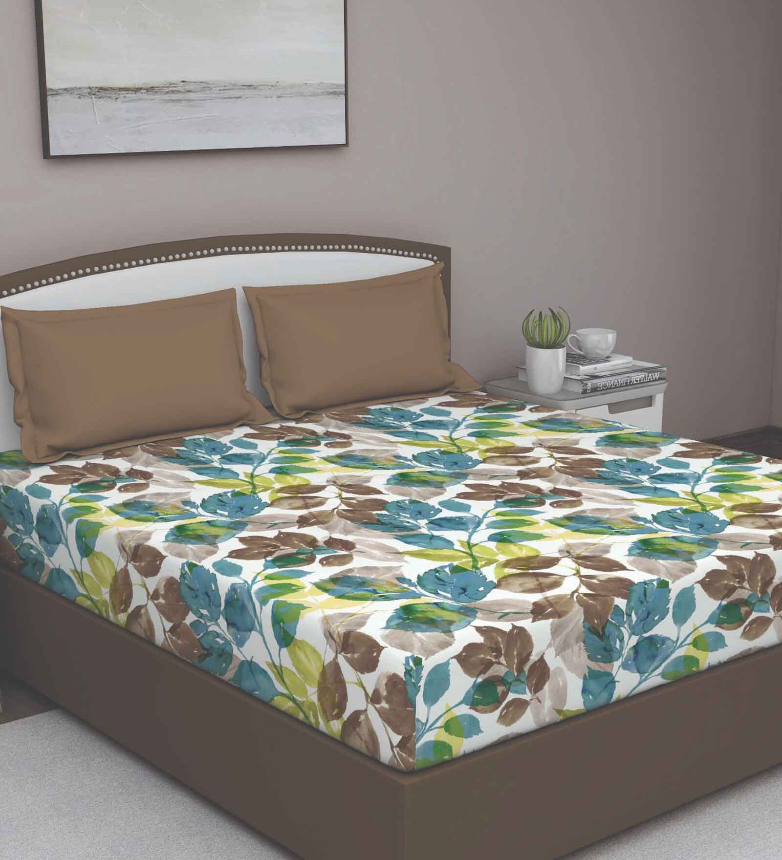 Blue Floral 210 TC Cotton Queen Sized Bed Sheets with 2 Pillow Covers
