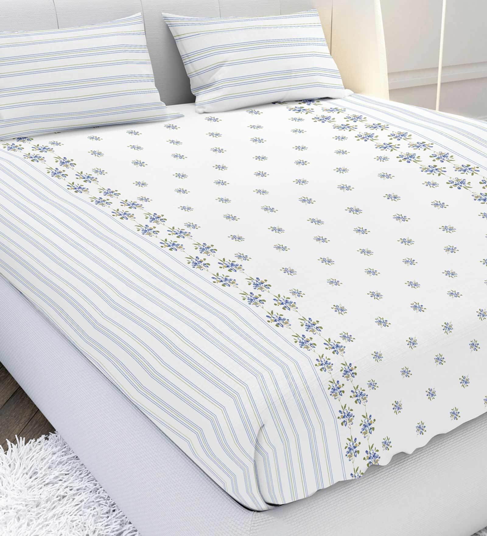 Blue Floral 210 TC Cotton Satin King Bedsheet With 2 Pillow covers Blooming Tales Collection