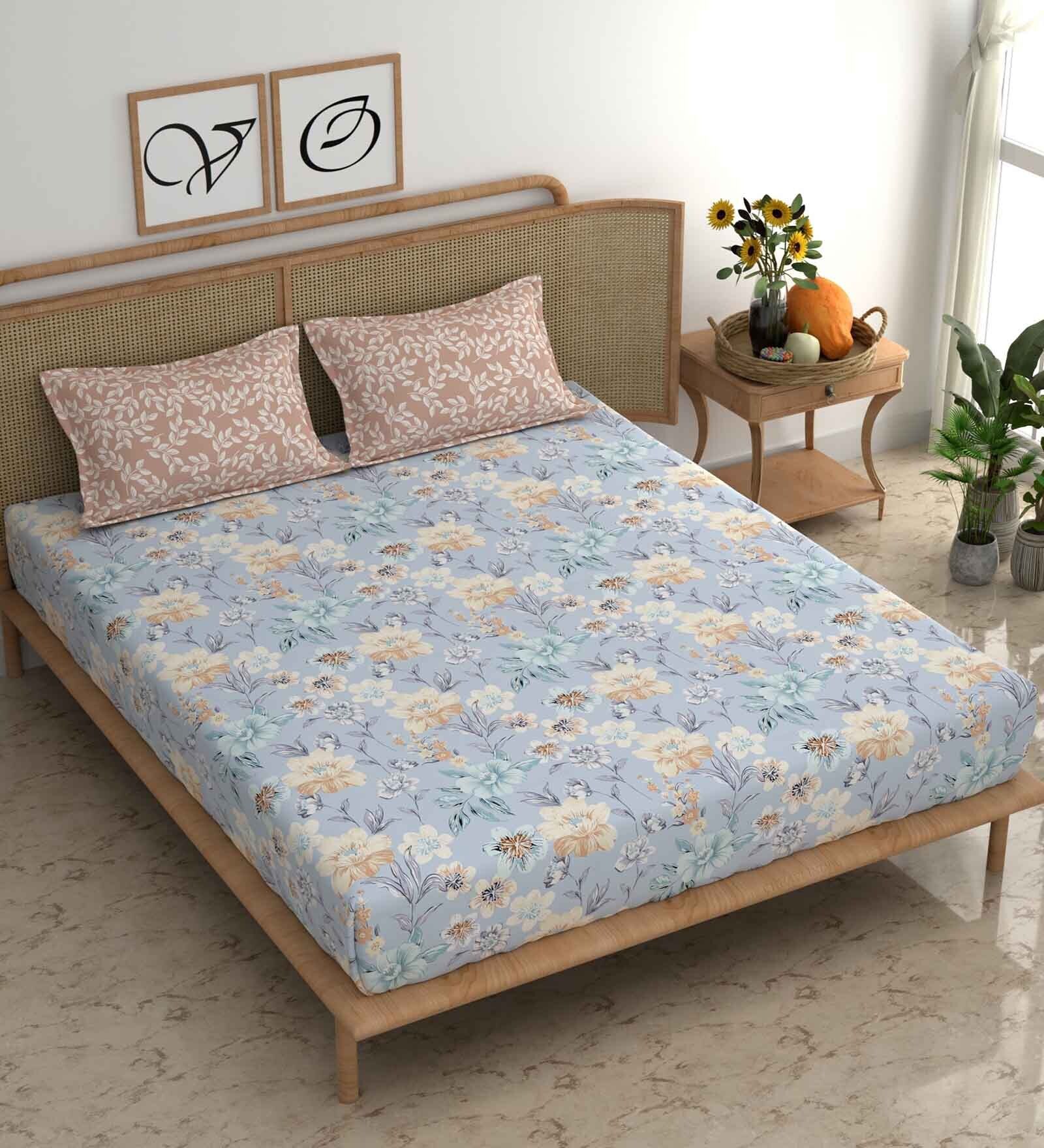 Blue Floral 210 TC Microfiber King Bedsheet With 2 Pillow Covers