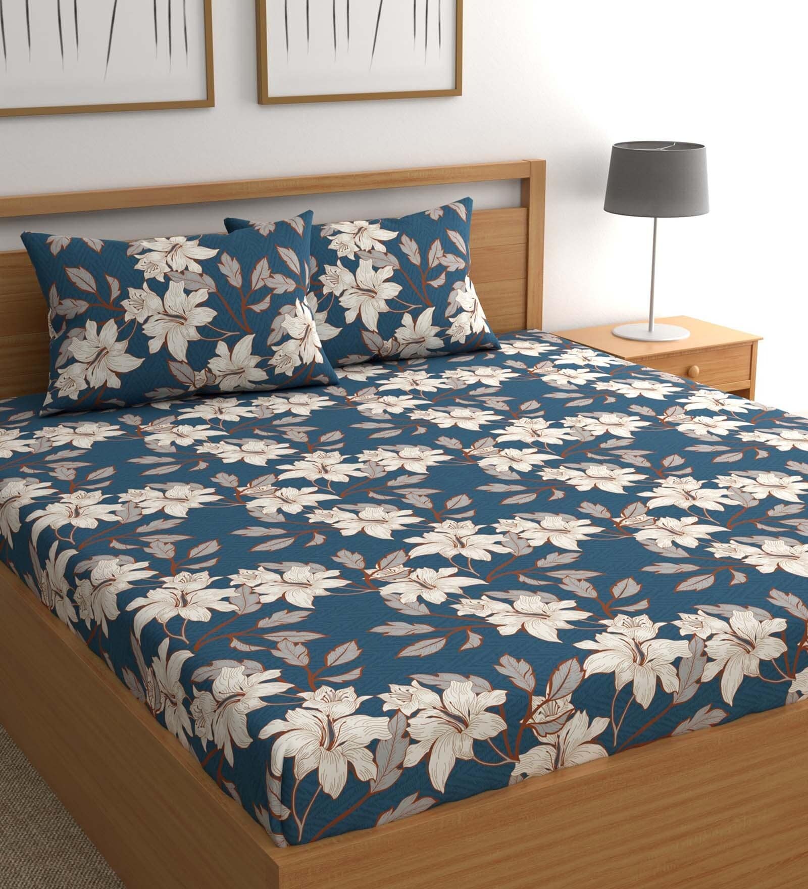 Blue Floral 210 TC Microfiber Queen Sized Bed Sheets with 2 Pillow Covers