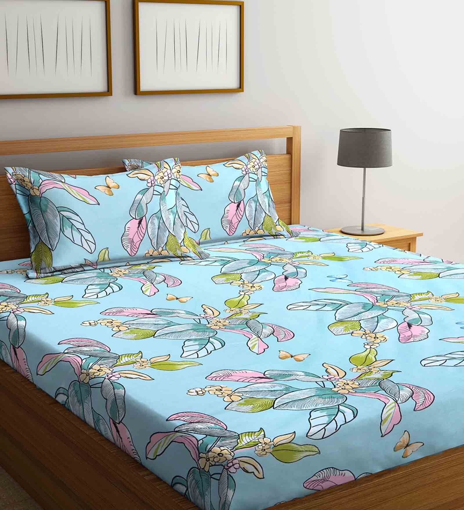 Blue Floral 210 TC Polycotton 1 Double Bedsheet with 2 Pillow Covers