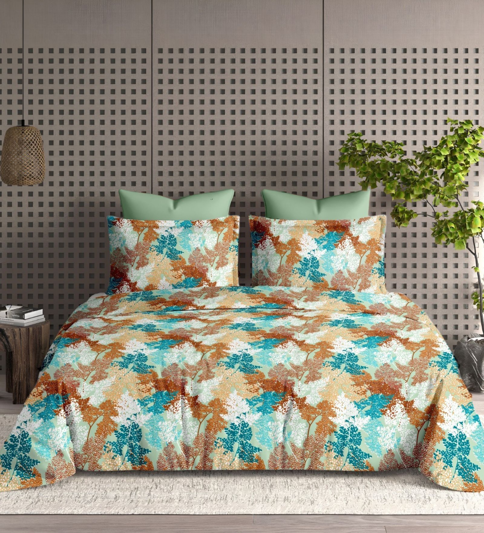 Blue Floral 210TC Cotton Super King Sized Double Bedsheet with 2 Piping Pillow Covers