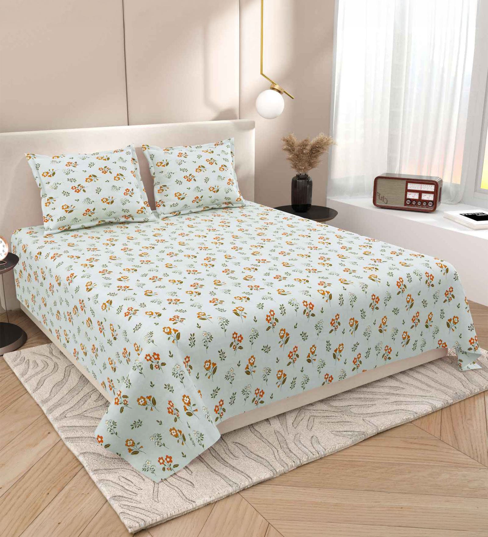 Green Floral 220 Tc Cotton Super King Bedsheet With 2 Pillow Covers