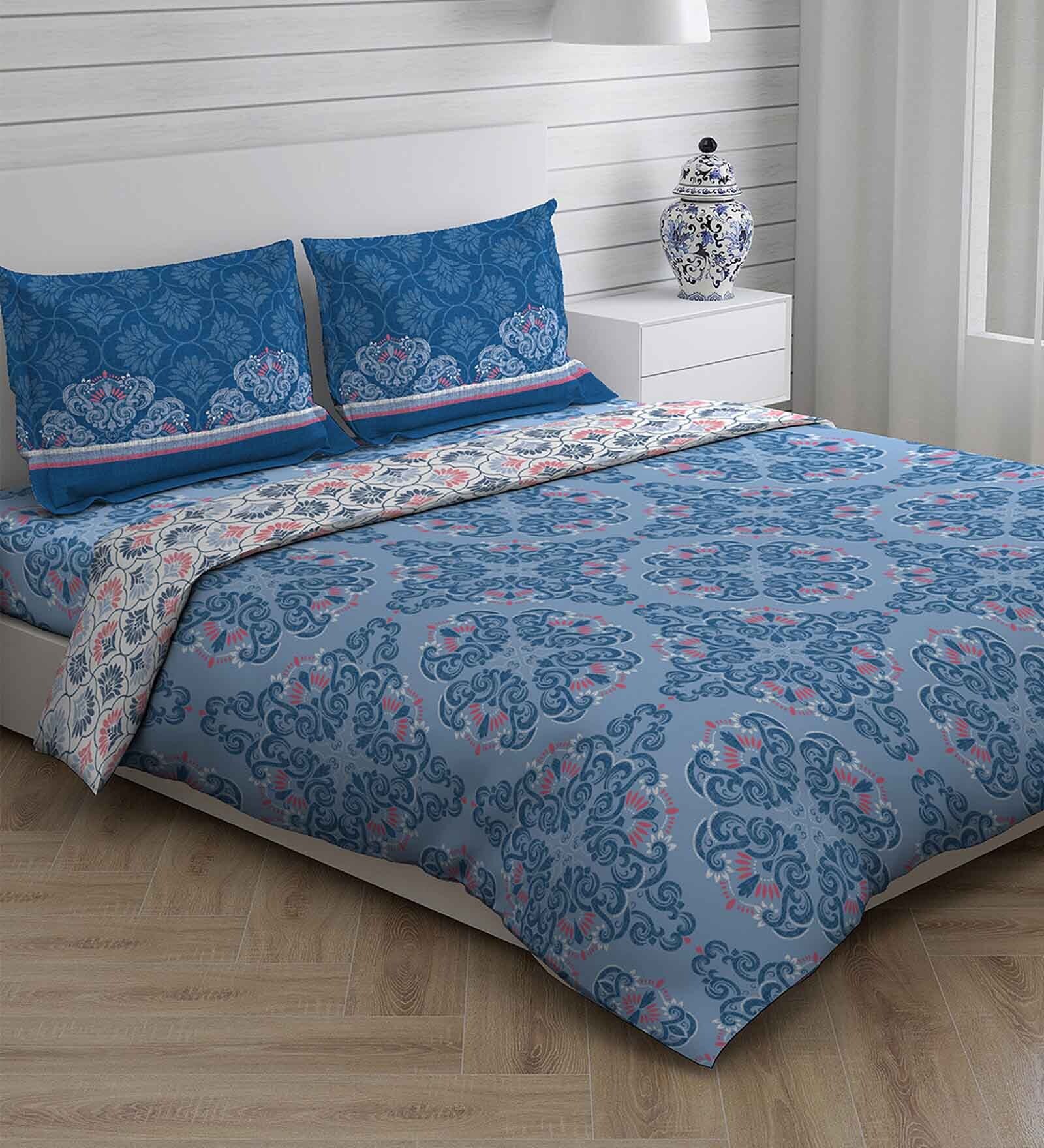 Blue Patterned 225 TC Cotton 4 Pieces Bedding Set Siena Collection