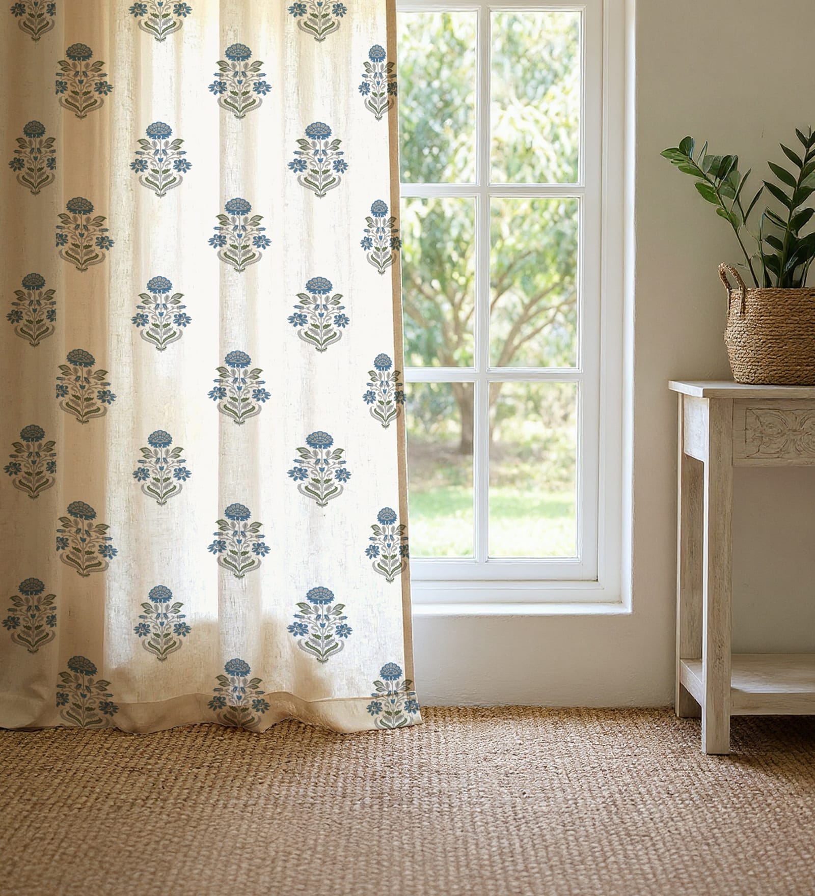 Blue Cotton Floral 8 Ft Eyelet Door Curtains (Set Of 2)