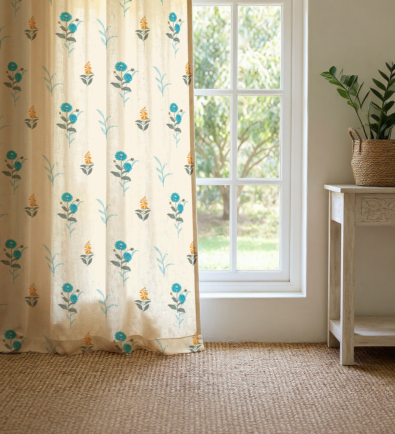 Blue Cotton Floral 8 Ft Eyelet Door Curtains (Set Of 2)