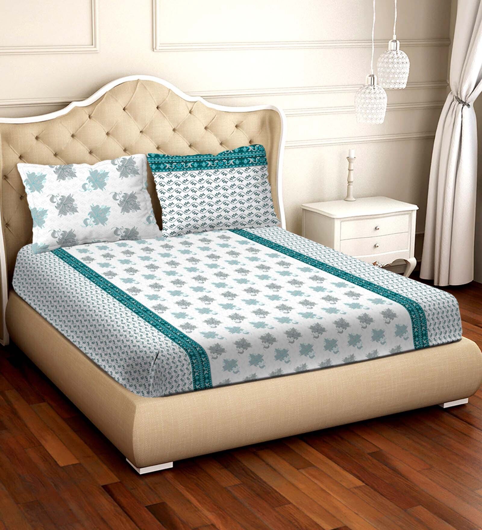 Blue Floral 250 TC Cotton 1 Double King Size Bedsheet With 2 Pillow Covers Barcelona Collection