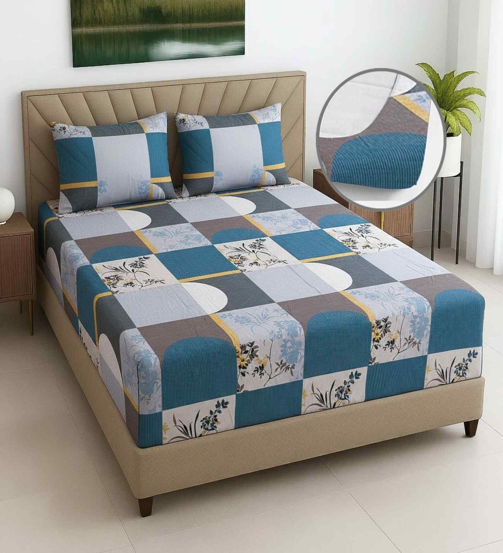 Blue Floral 270 TC Polcotton Queen Sized  Fitted Double Bedsheet with 2 Pillow Covers Luxury Series Collection