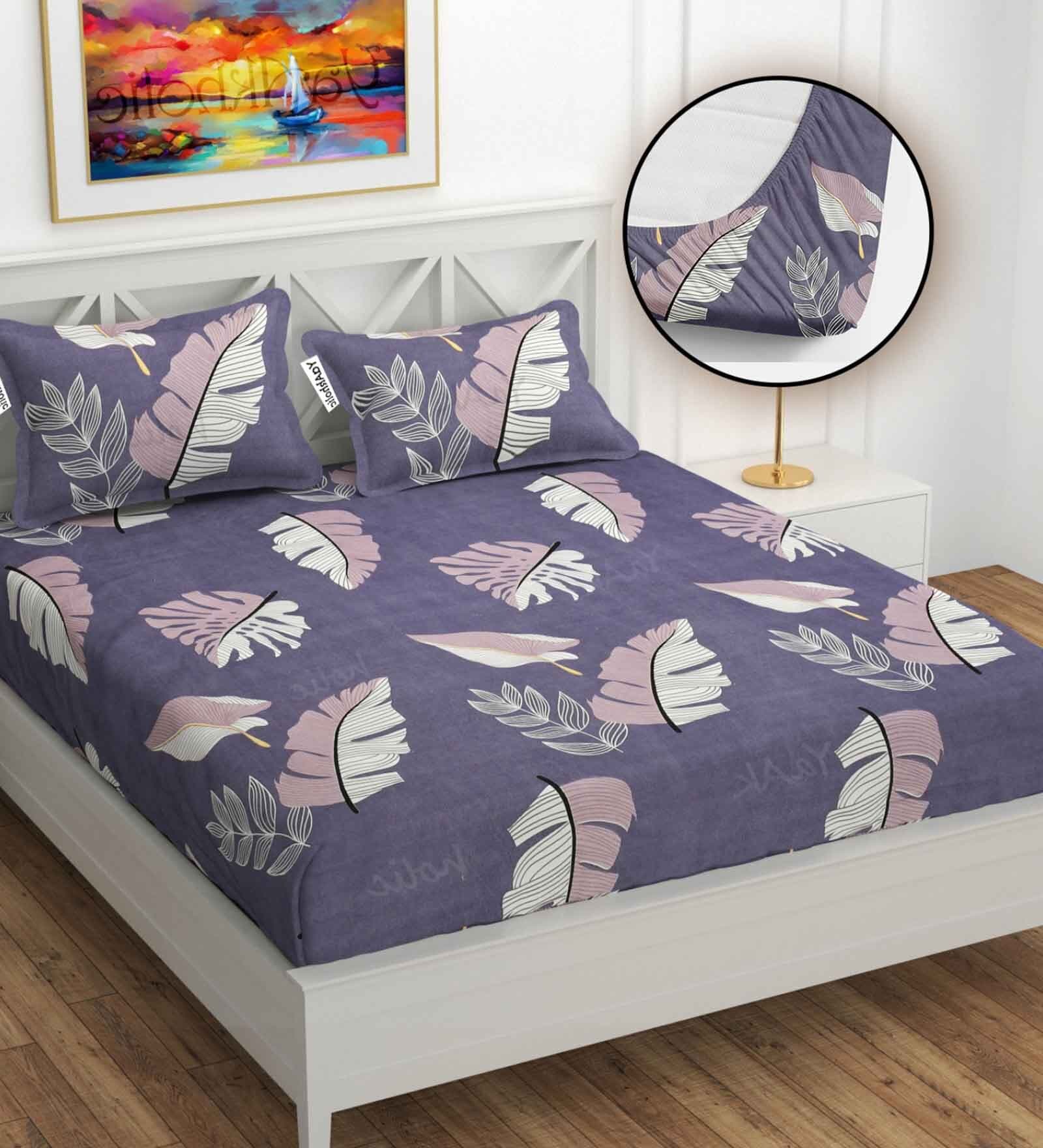Blue Floral 280 TC Cotton Blend Fitted Queen Bedsheet with 2 Pillow Covers