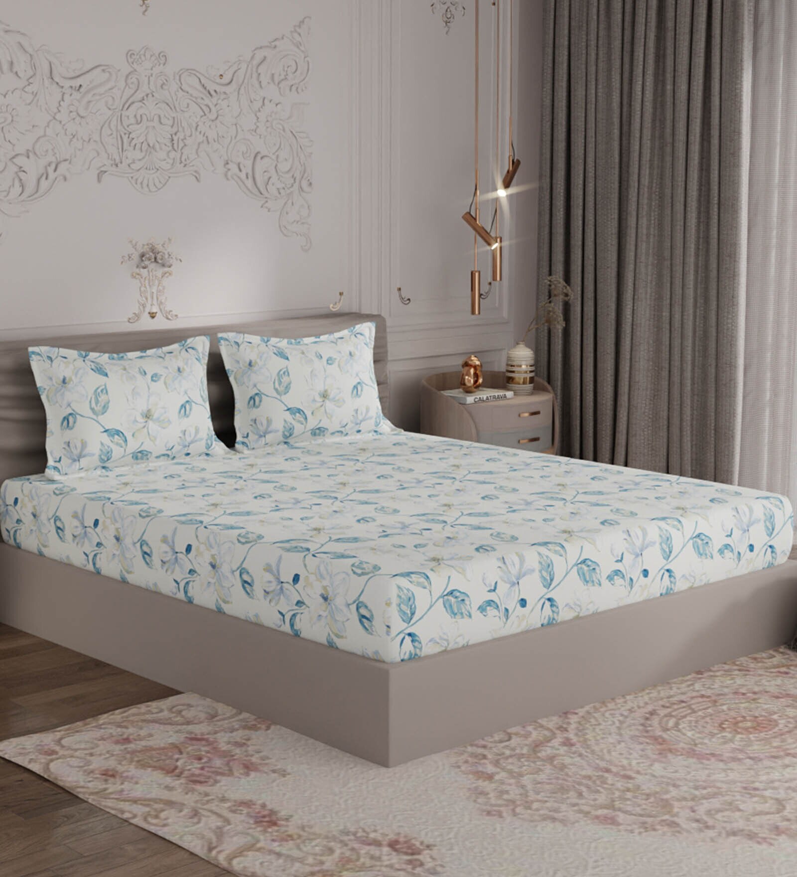 Blue Floral 300 TC 100% Cotton Double Bedsheet With 2 Pillow Covers Amorous Collection