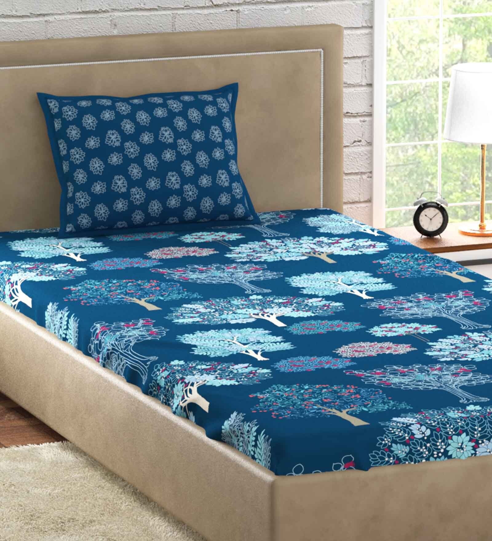 Blue Floral 300 TC 100% Cotton Single Bed Sized Bed Sheets With 1 Pillow Cover