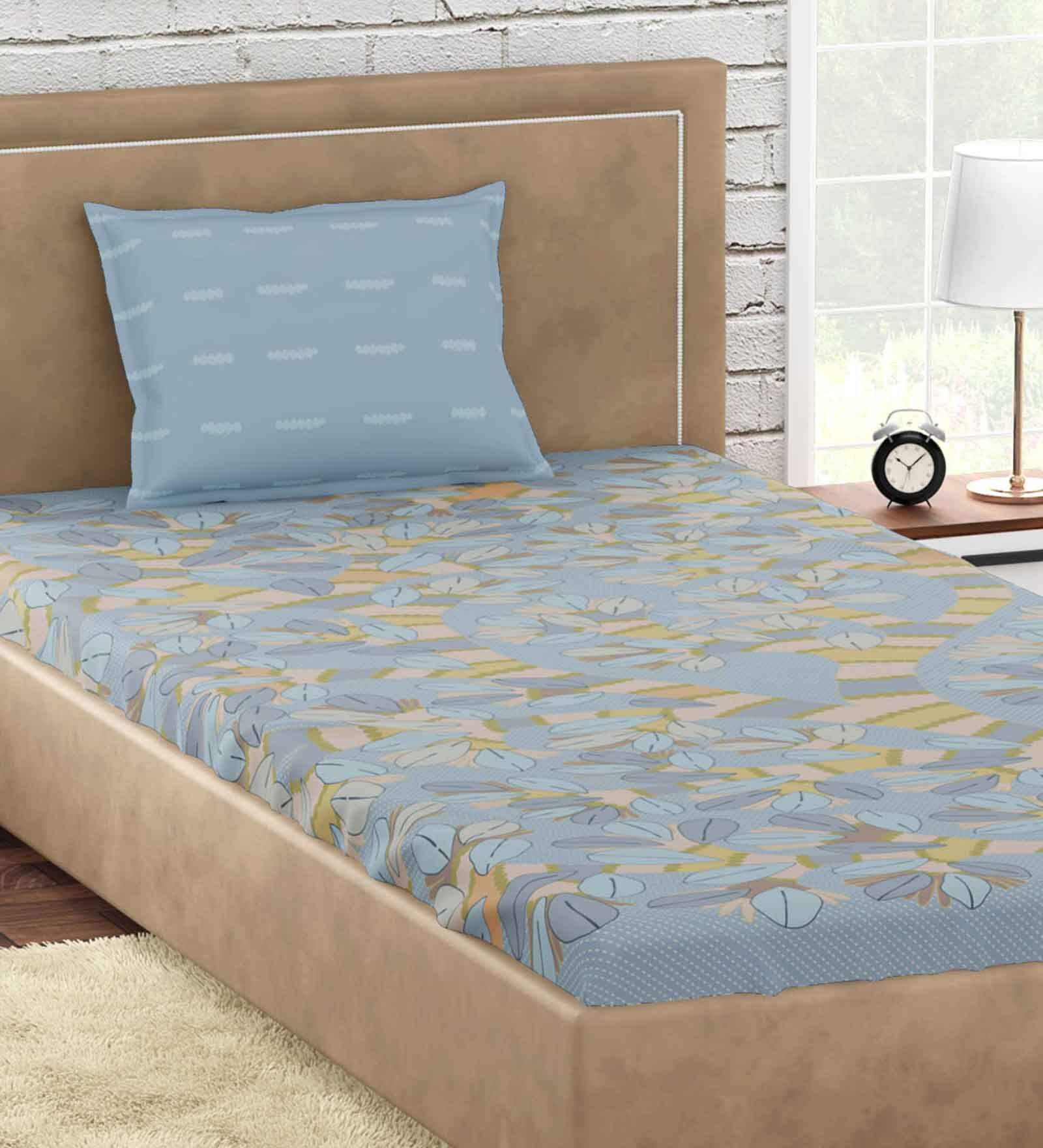 Blue Floral 300 TC 100% Cotton Single Bed Sized Bed Sheets With 1 Pillow Cover