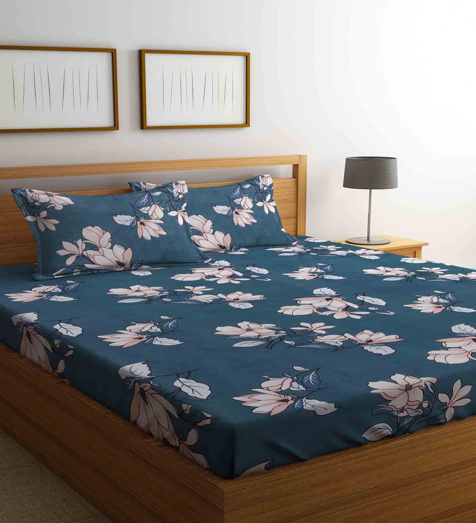 Buy Blue Floral 300 TC Cotton Blend King Sized Bed Sheets with 2 Pillow ...