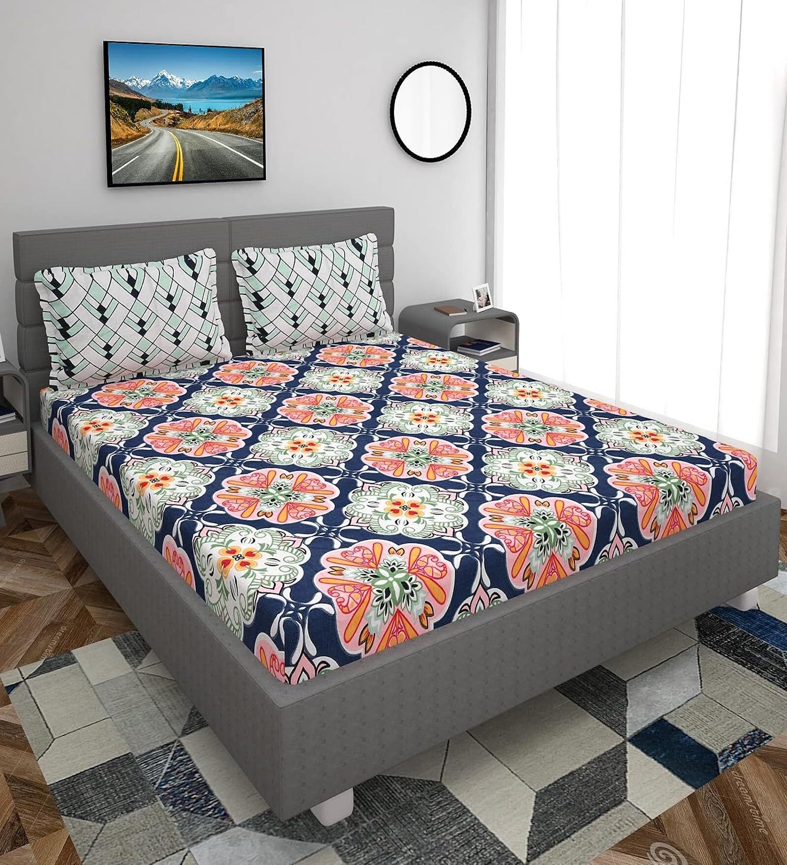 Buy Multicolor Floral 300 TC Cotton Blend Fitted Queen Bedsheet with 2 Pillow Covers by
