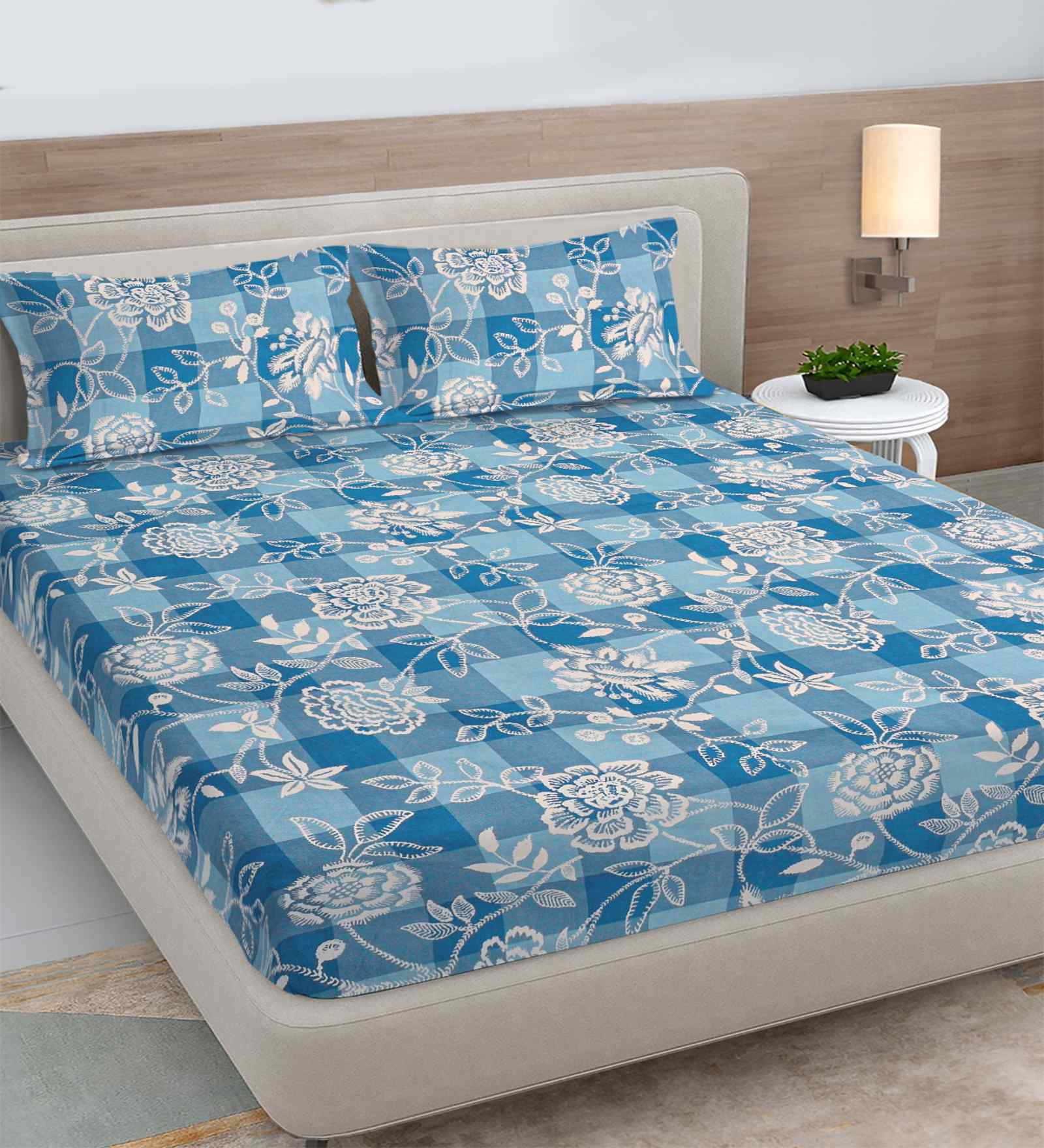 Blue Floral 300 TC Cotton Blend King Size Double Bedsheet with 2 Pillow Covers