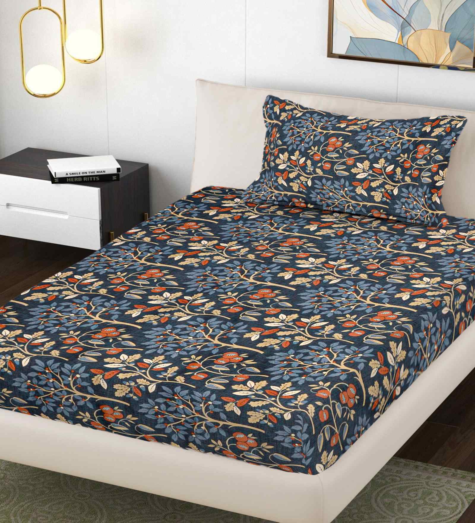 Blue Floral 300 TC Cotton Blend Single Bedsheet with 1 Pillow Cover