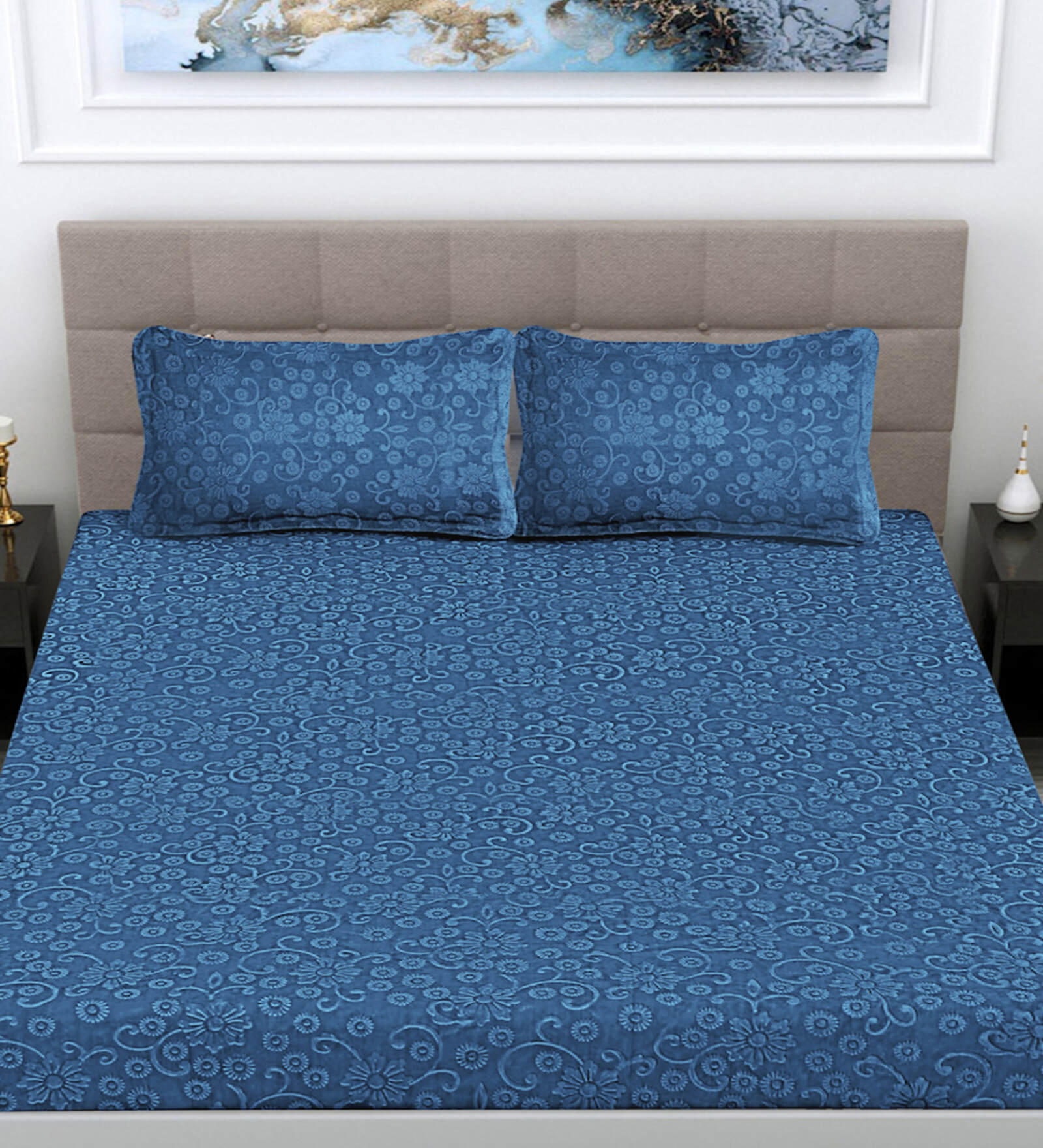 Buy Blue Floral 300 TC Woollen Woollen Flat Double Bedsheet with 2