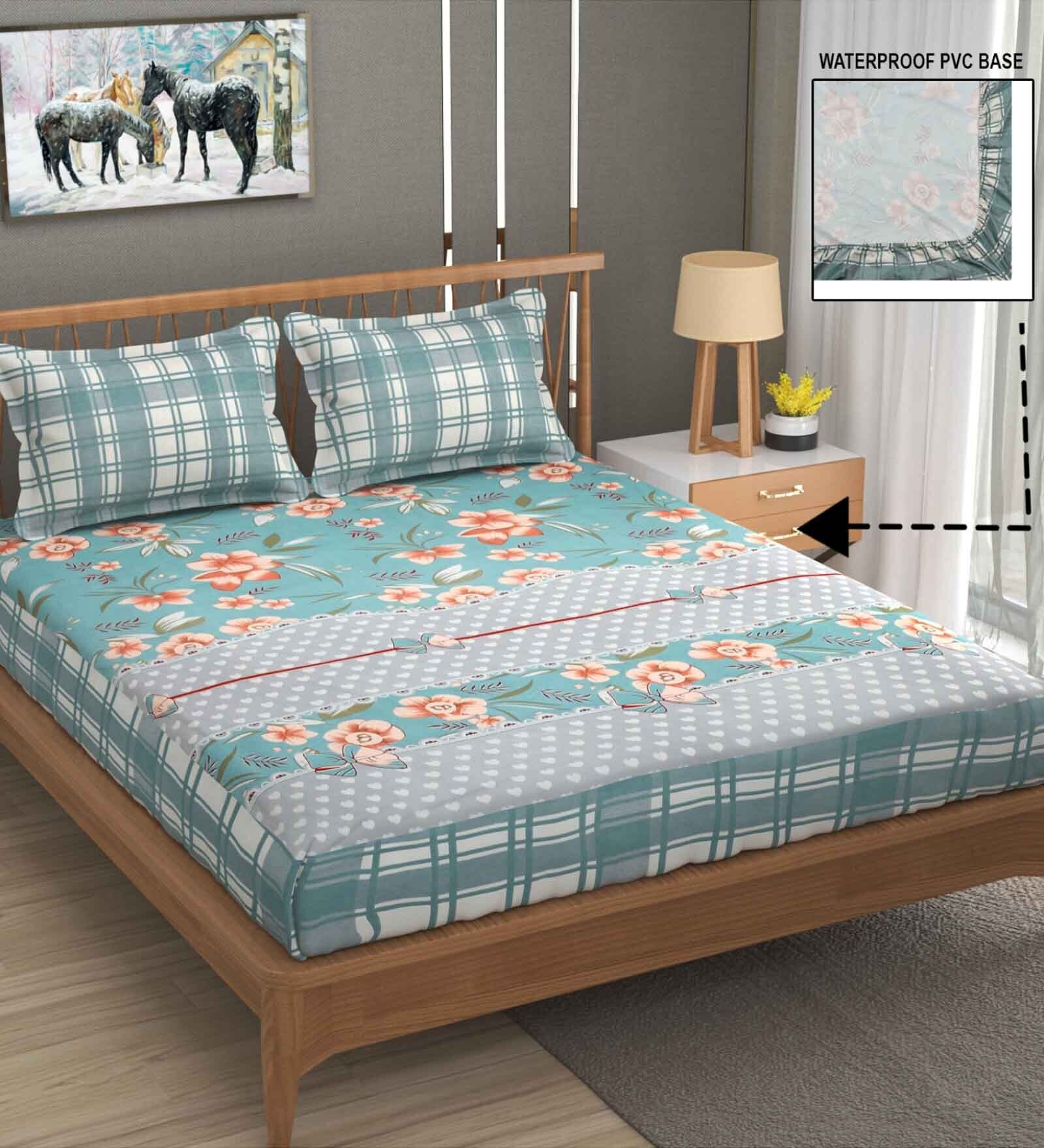 Buy Blue Floral 310 TC Cotton Blend King Fitted Bedsheet With 2 Pillow