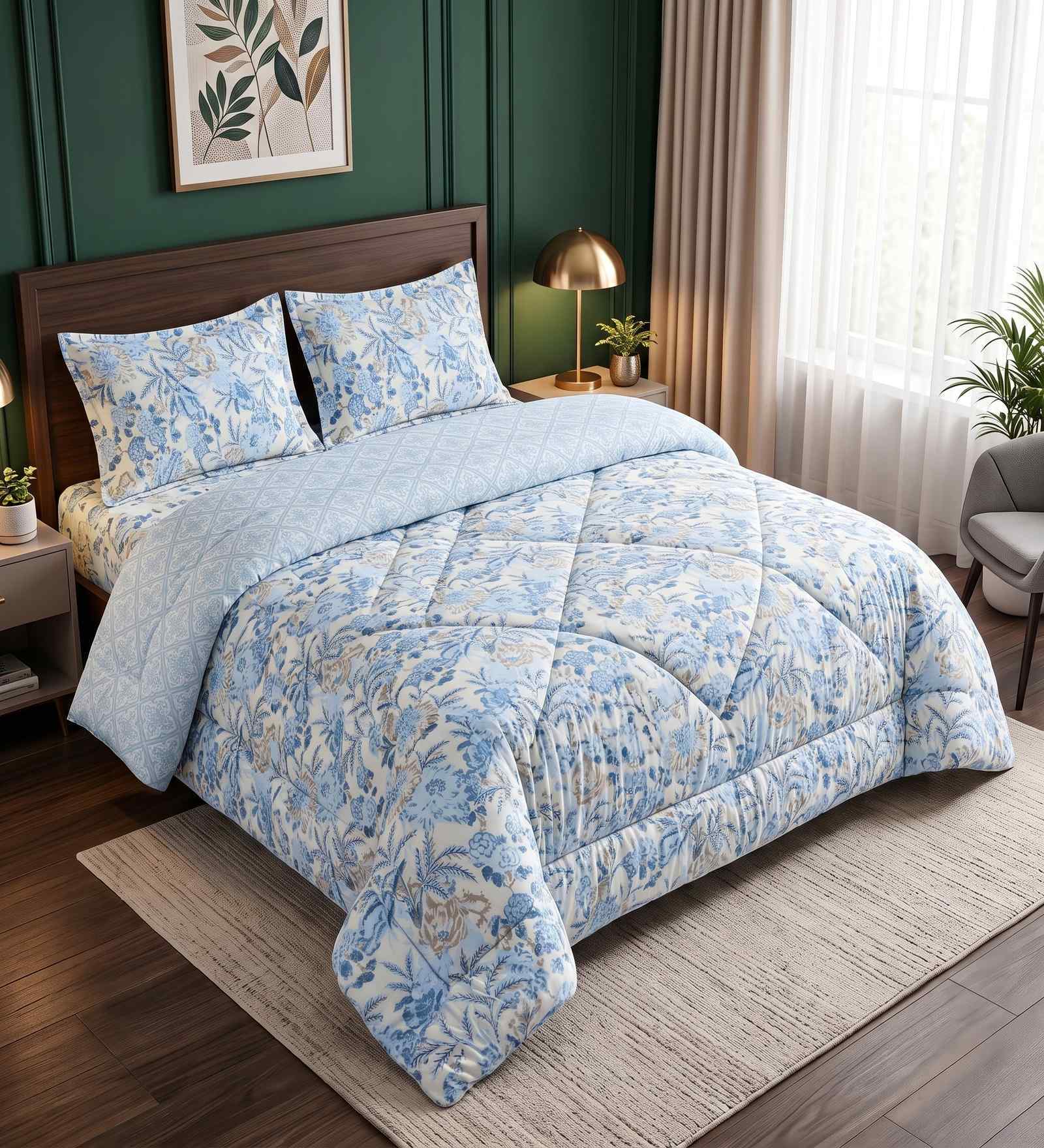 Blue Floral 4 Pcs Comforter Set With Queen Size Bedsheet With 2 Pillow Covers