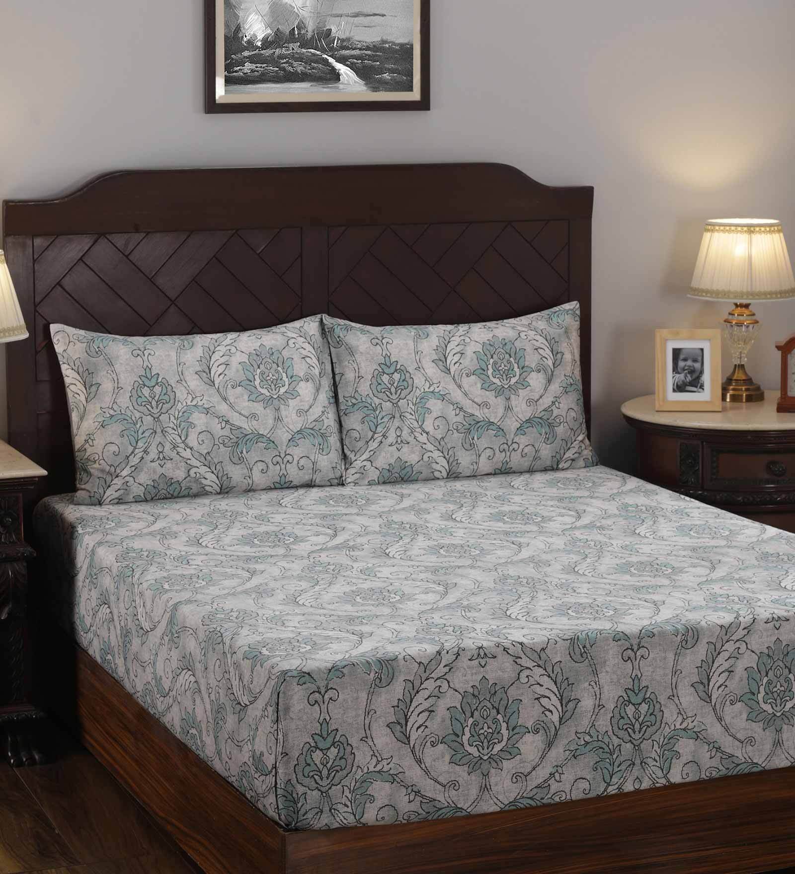 Blue Floral 400 TC 100% Cotton King Sized Bed Sheets with 2 Pillow Covers