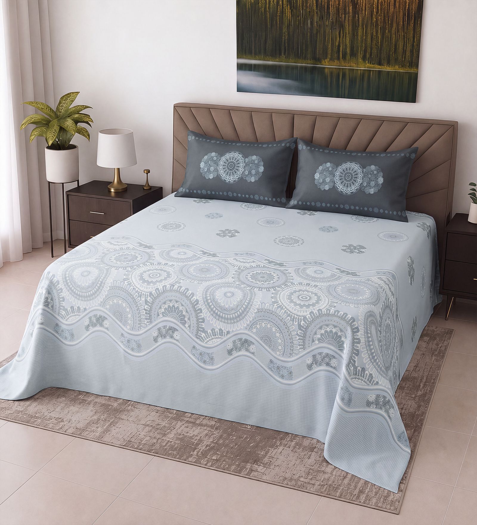 Blue Floral 400 TC Super King Size Bedsheet with 2 Pillow Covers Luxury Series Collection