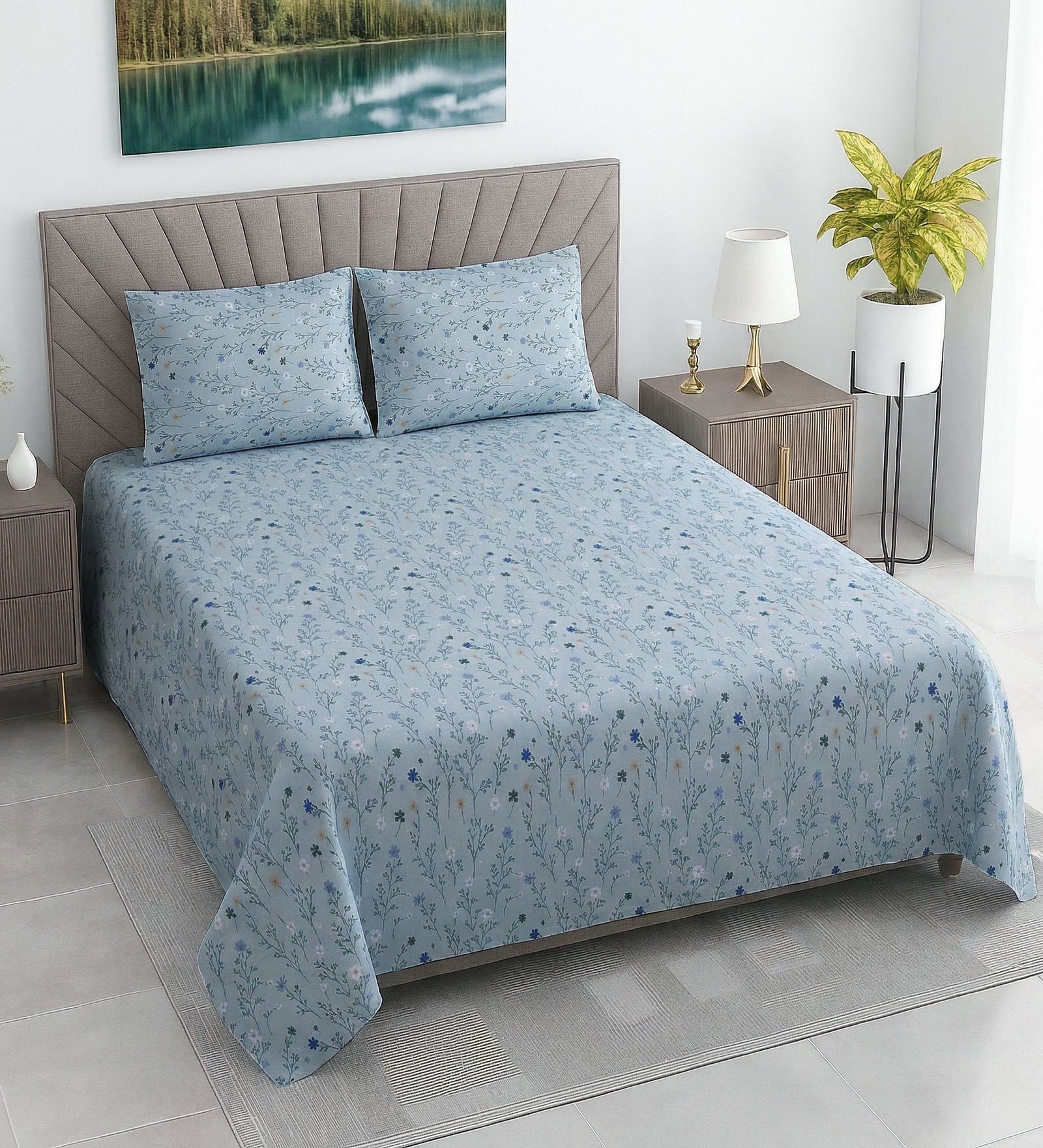Blue Floral 400 TC Cotton Double Queen Size Bedsheet With 2 Pillow Covers