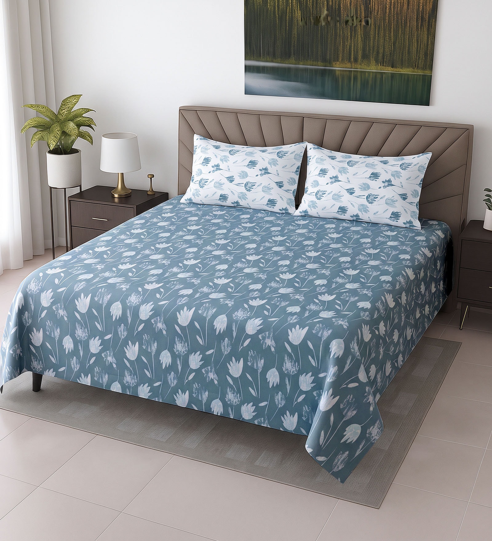 Blue Floral 400 TC Cotton Super King Bedsheet with 2 Pillow Covers Luxury Series Collection