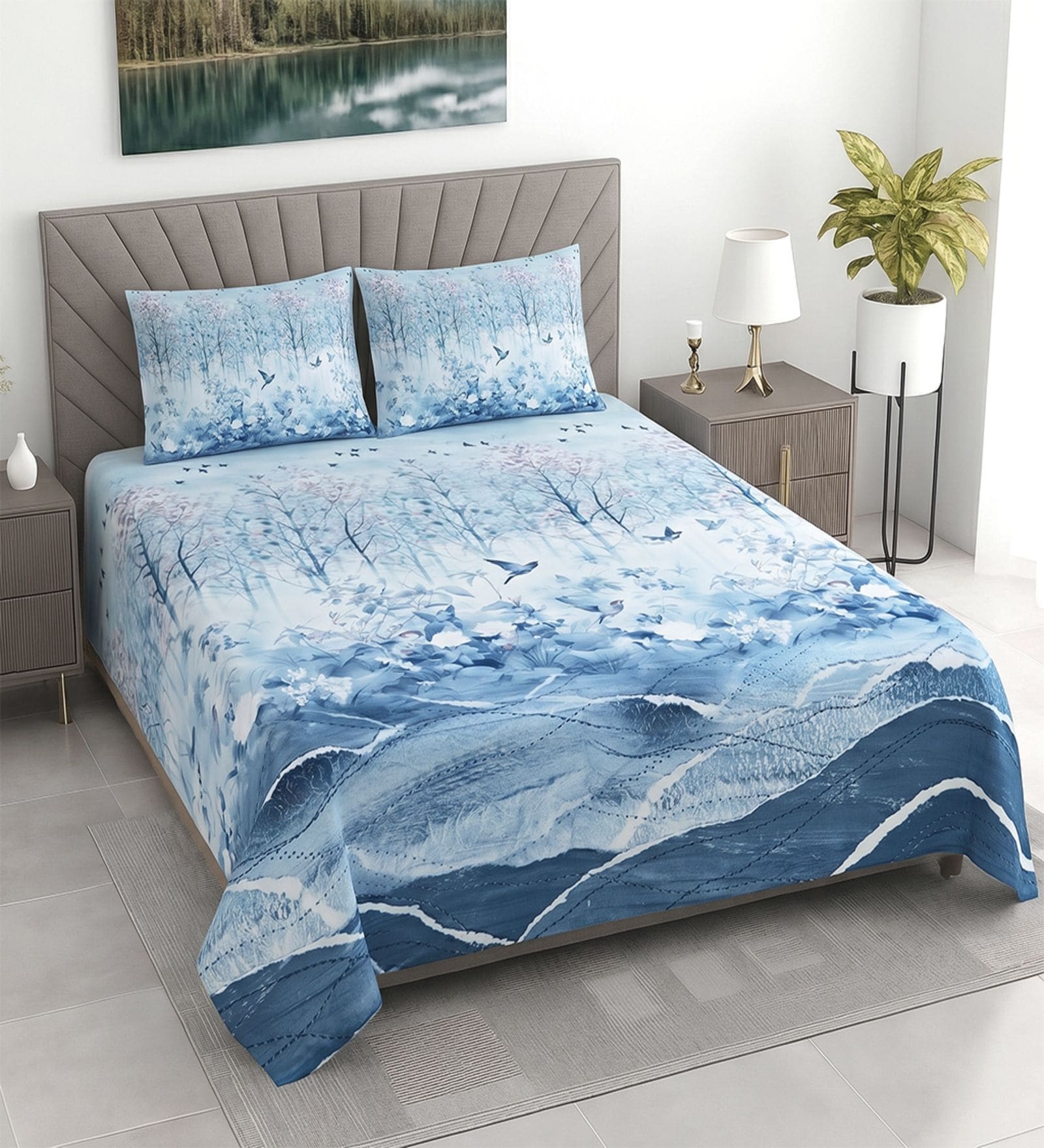 Blue Floral 400 TC Cotton Superking Size Bedsheet With 2 Pillow Covers Threads Digital Collection