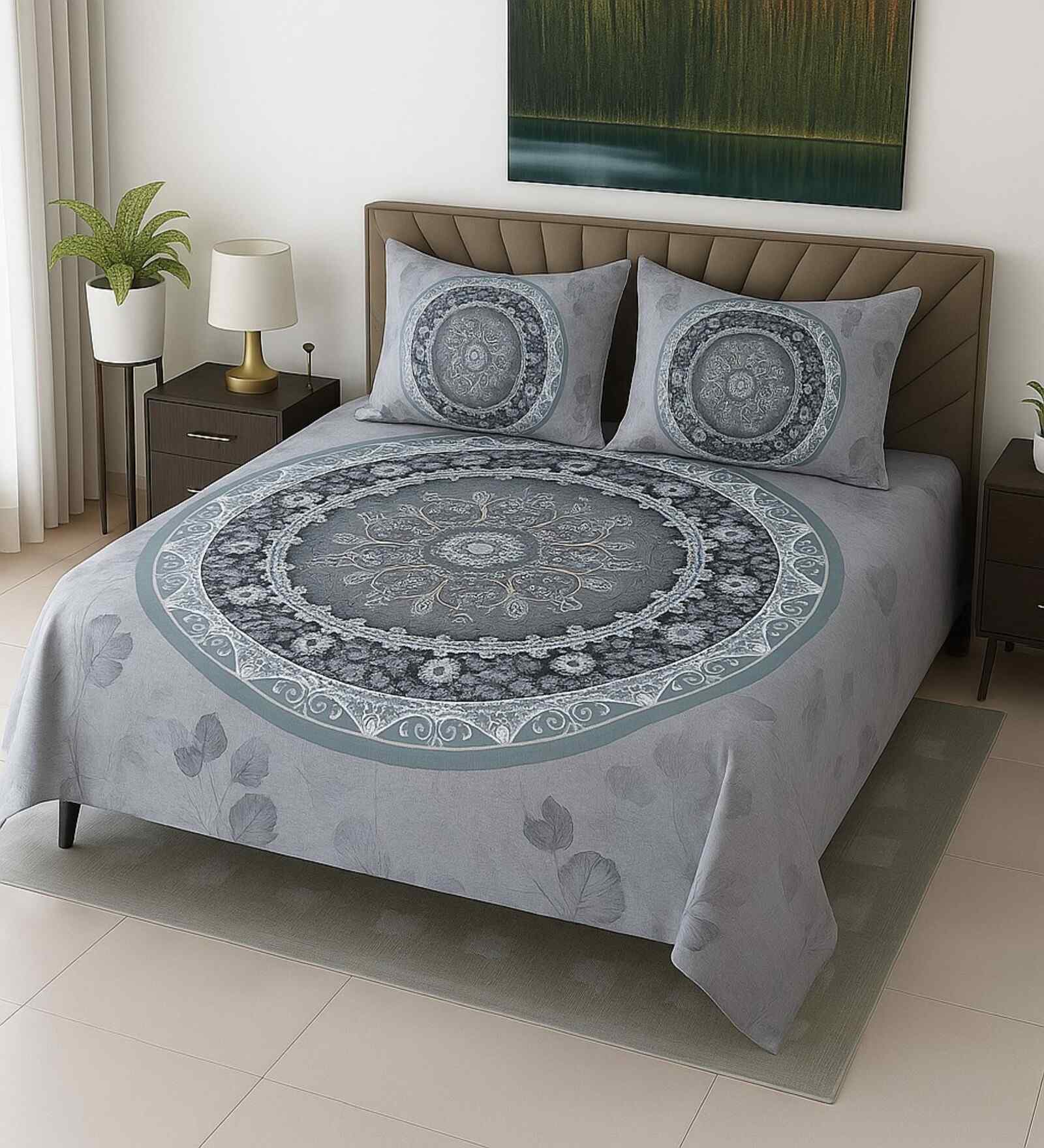 Blue Floral 400 TC Cotton SuperKing Sized Double Bedsheet with 2 Pillow Covers Luxury Series Collection