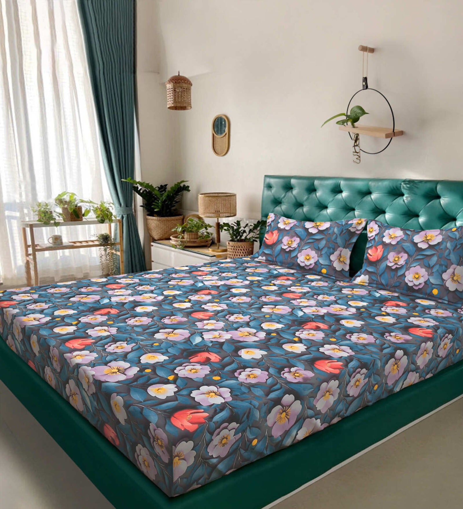 Blue Floral 7D King Size Cotton Blend Double Bedsheet with 2 Pillow Covers