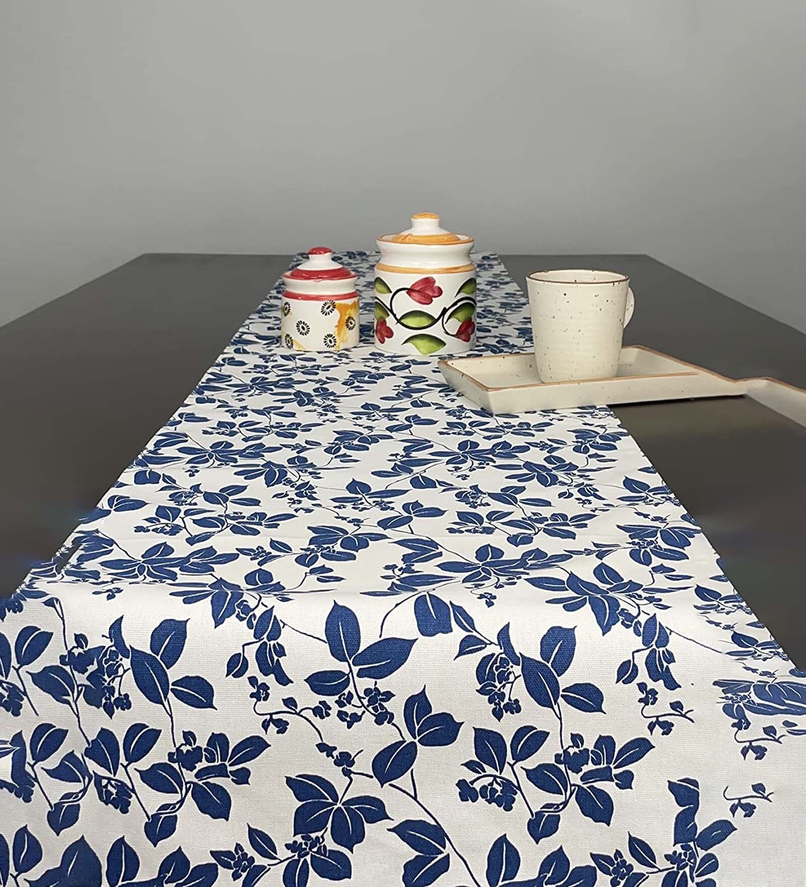 Floral (72x13) White & Blue Cotton Table Runner