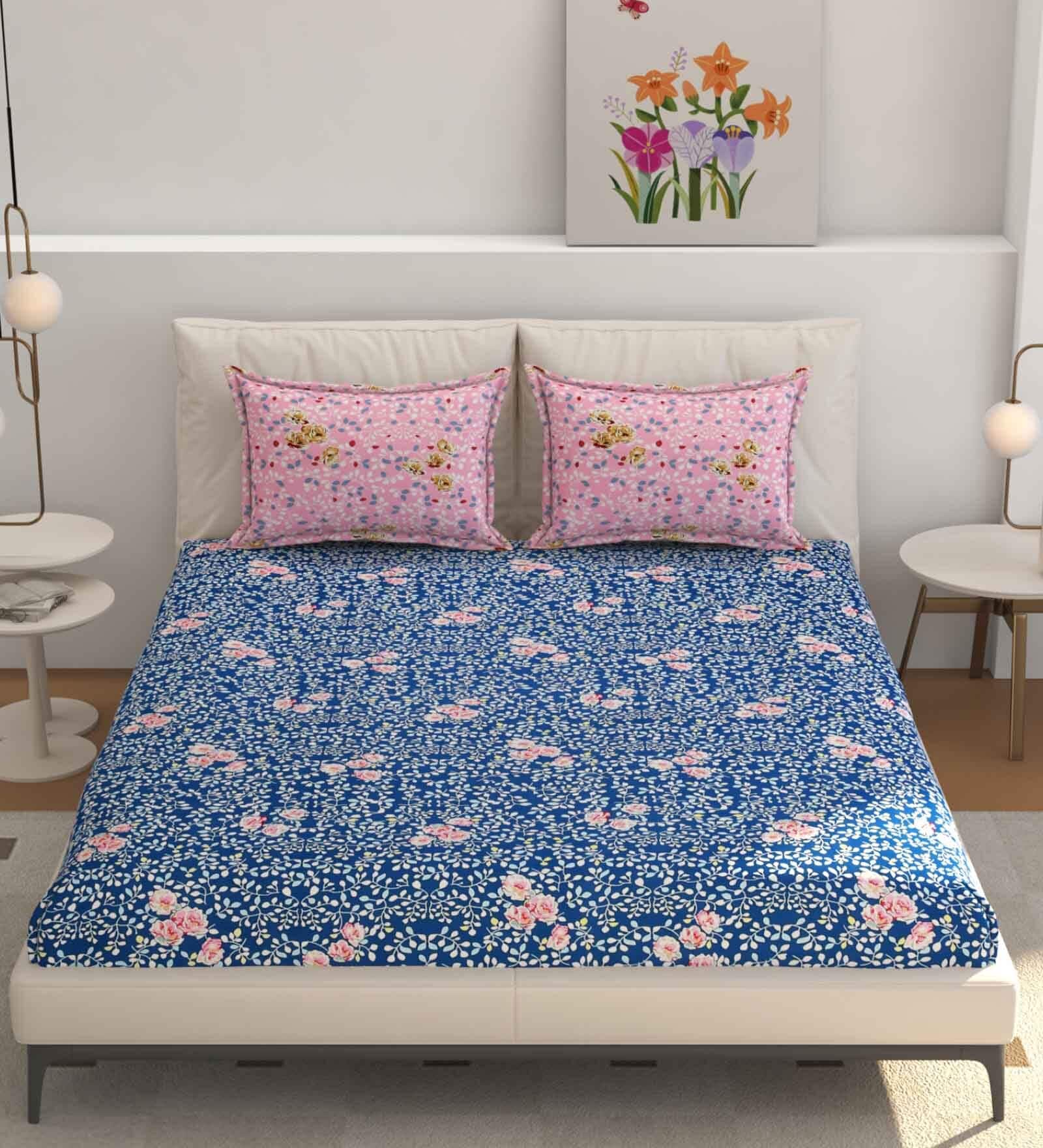 Blue Floral Glace Cotton Queen Fitted Bed Sheets with 2 Pillow Covers (240 tc)