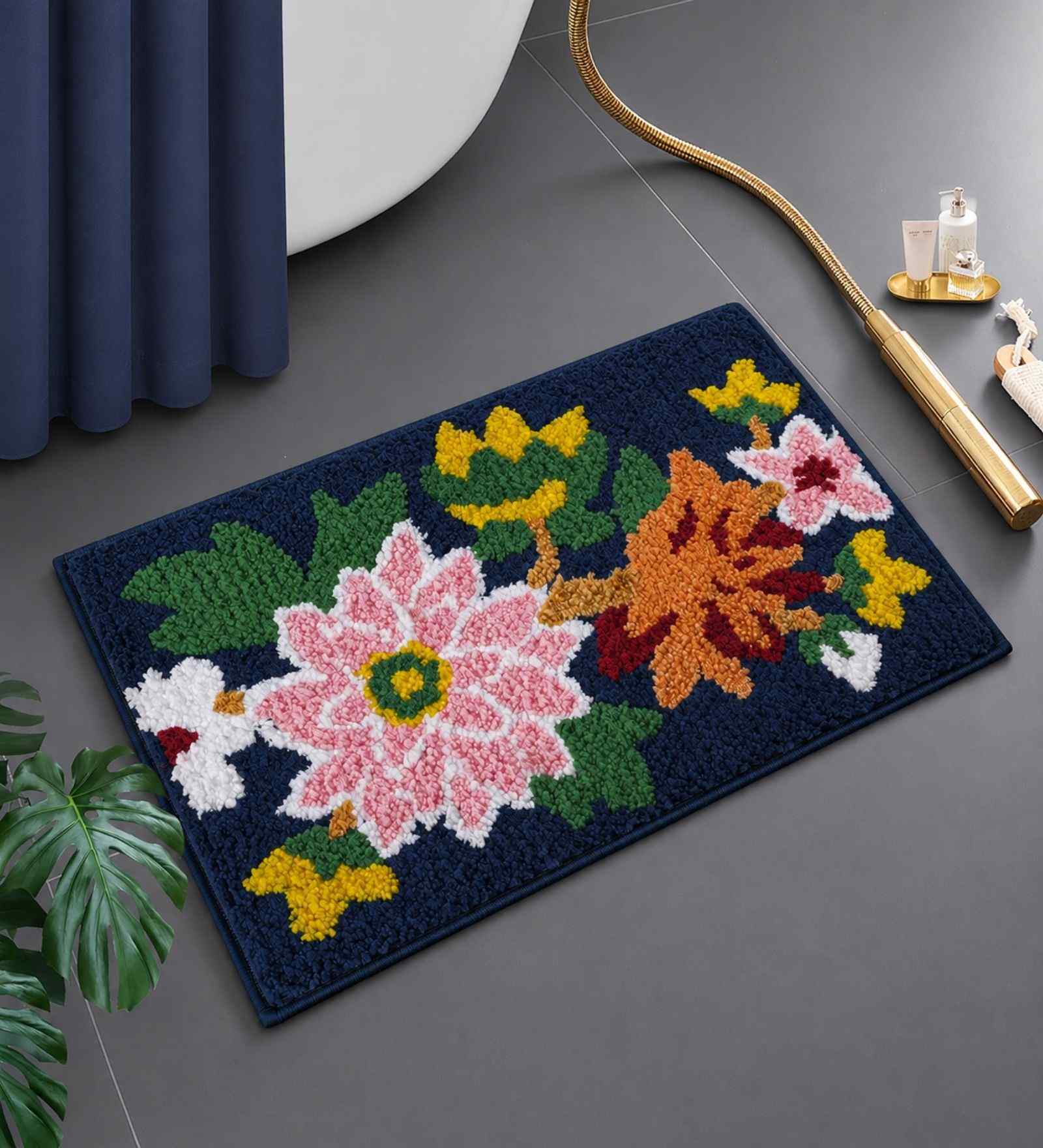 Blue Floral Microfibre 24X16 Inches Anti-Skid Bath Mat