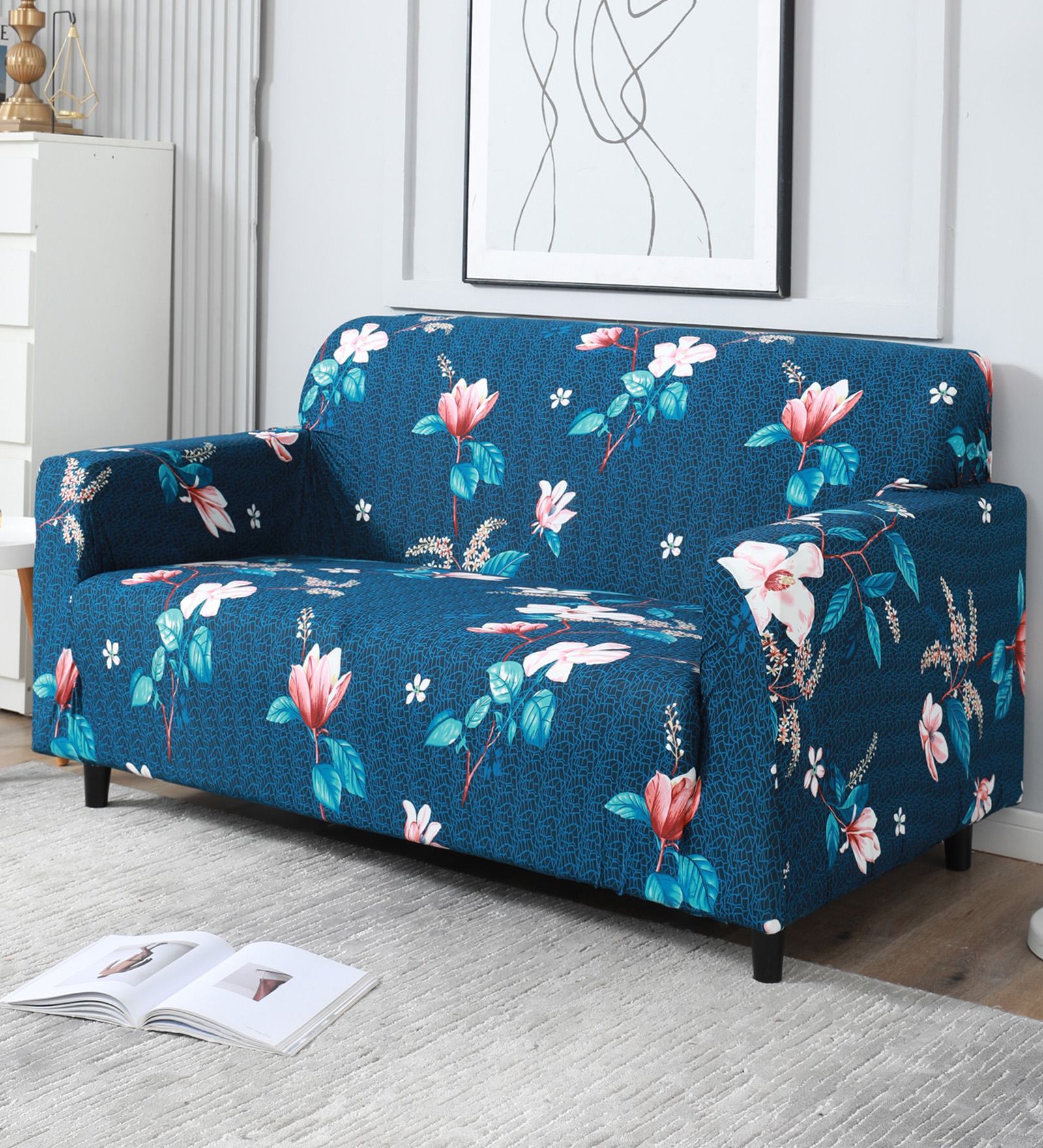 Blue Floral Polyester 2 Seater Sofa Cover