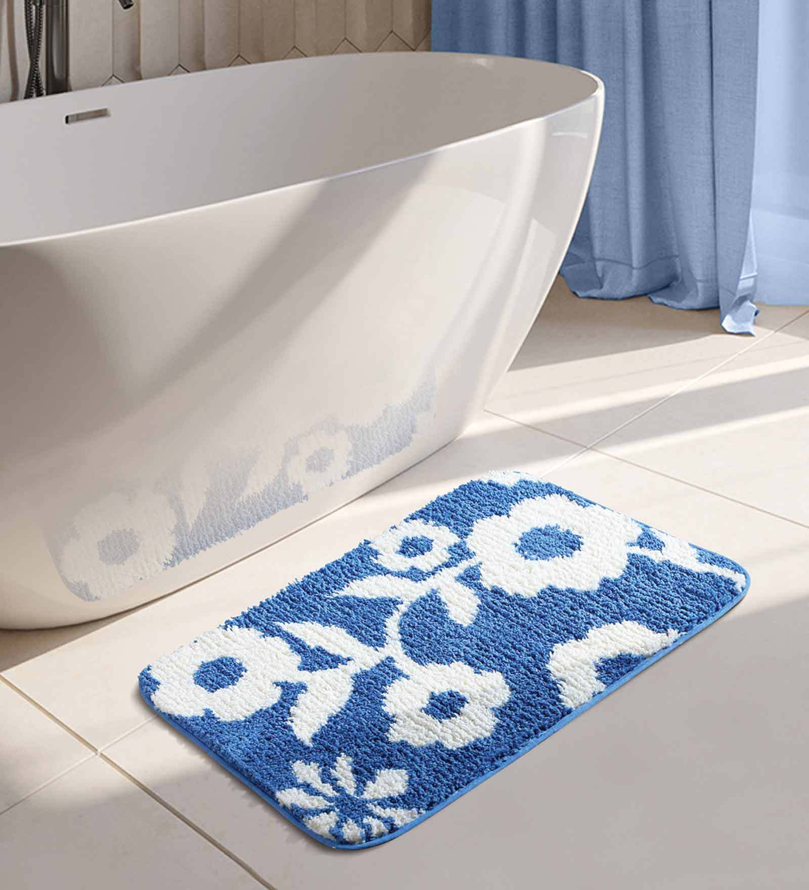 Blue Floral Polyester 24x16 Inches AntiSkid Bath Mat
