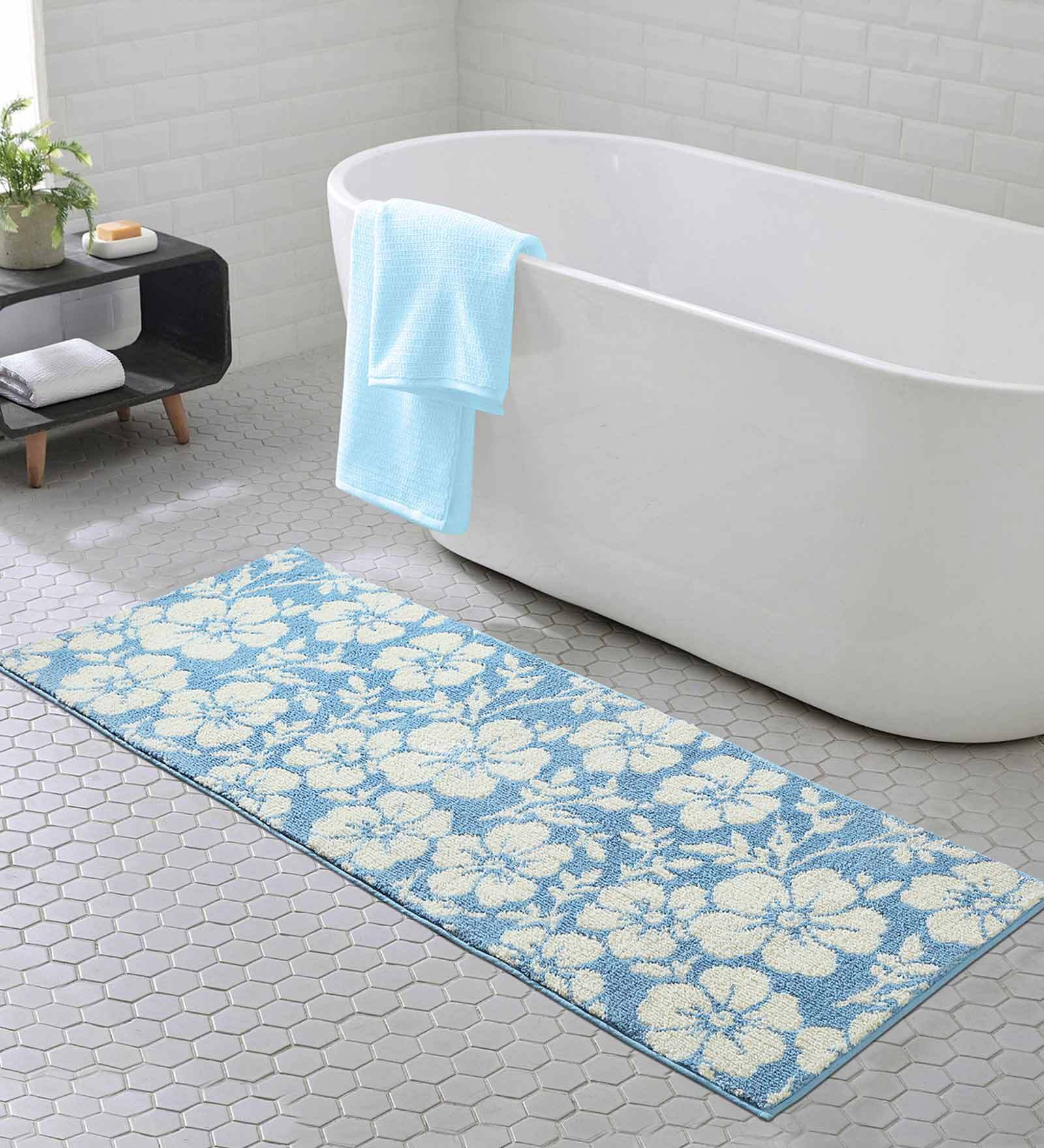 Blue Floral Polyester AntiSkid Bathmat