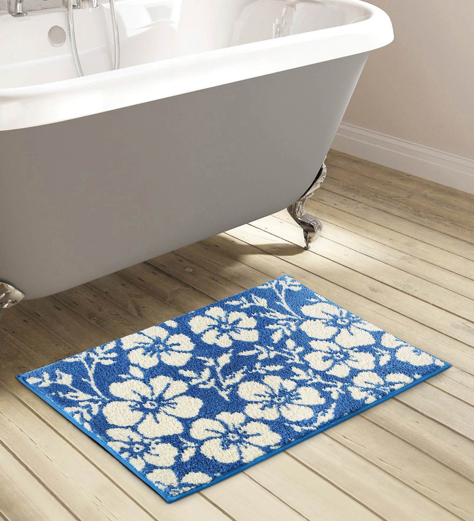 Blue Floral Polyester AntiSkid Bathmat