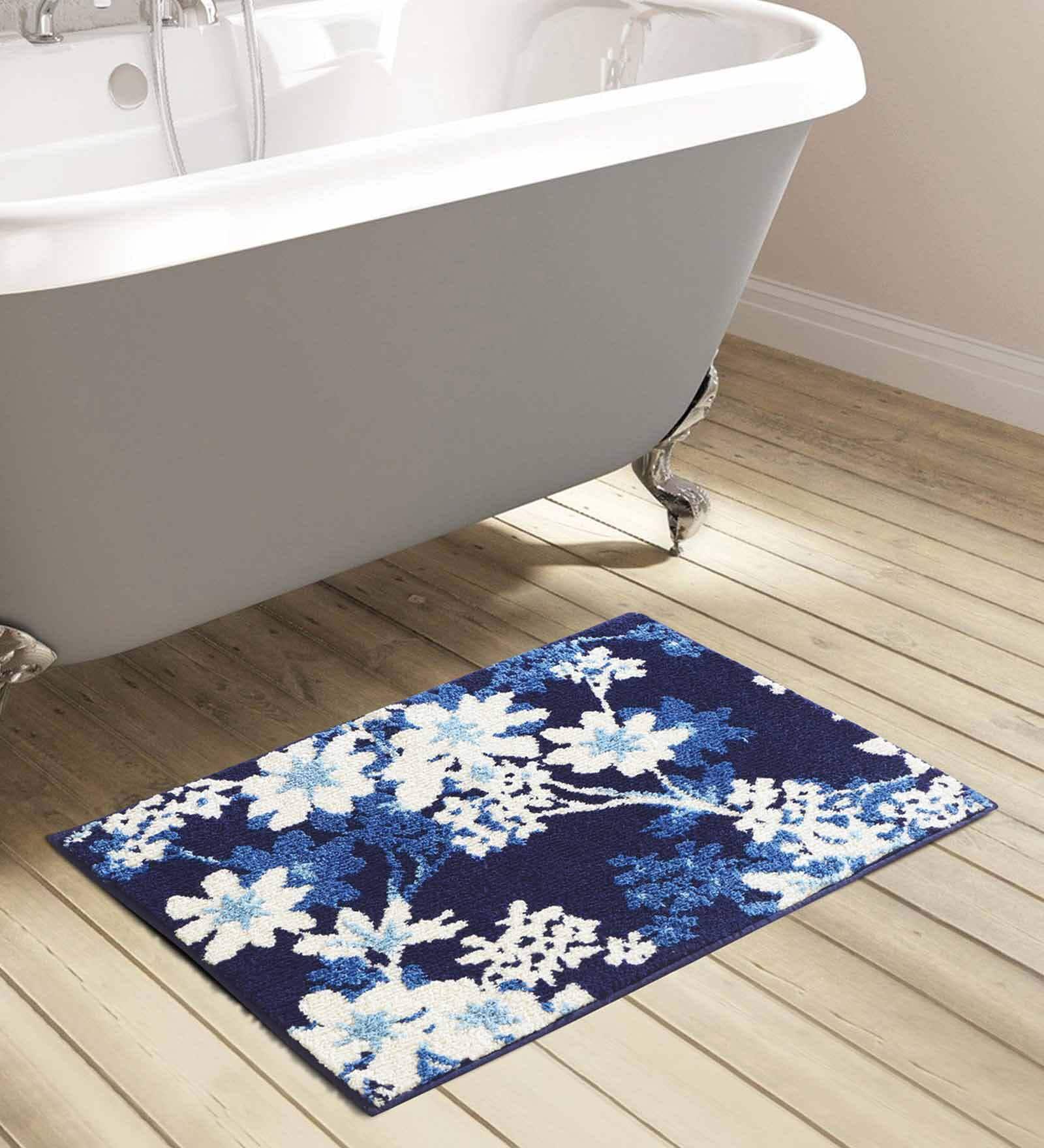 Blue Floral Polyester AntiSkid Bathmat