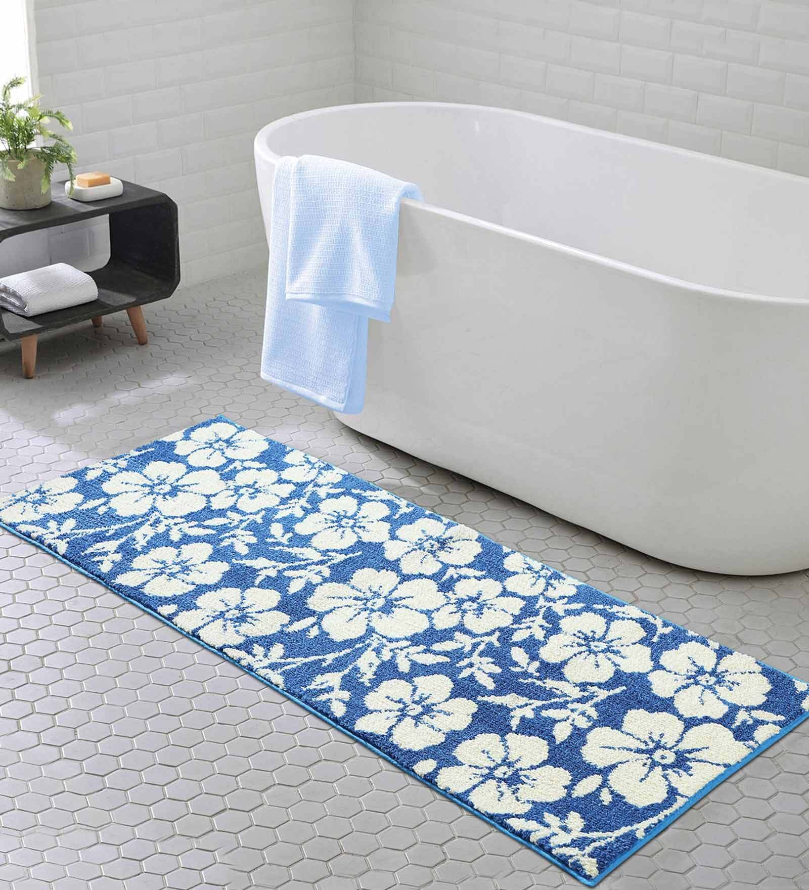 Blue Floral Polyester AntiSkid Bathmat