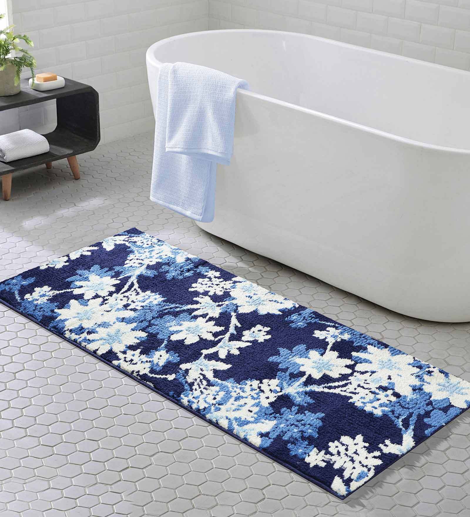 Blue Floral Polyester AntiSkid Bathmat