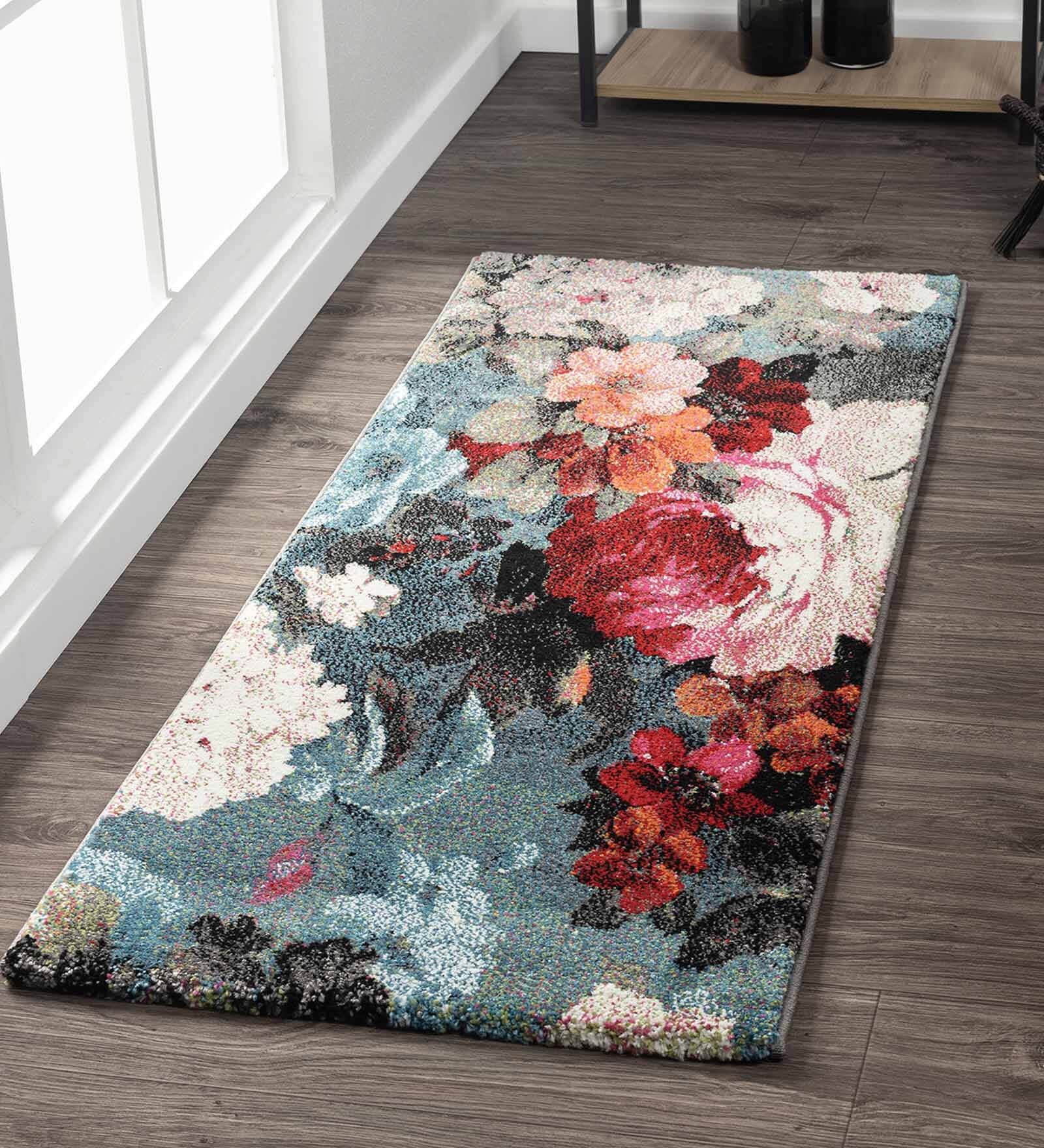 Blue Floral Polypropylene 5 ft x 2.5 ft Machine Made Runner