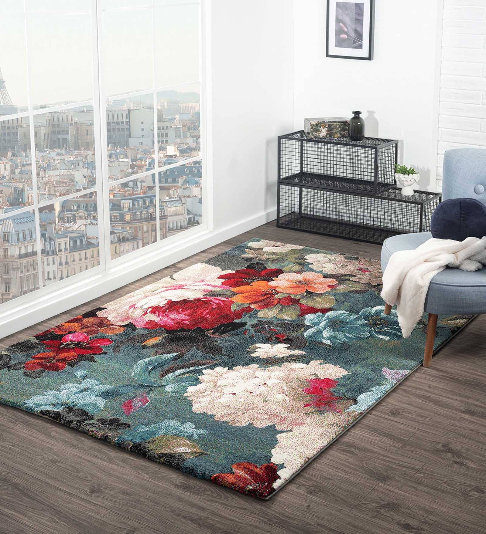 Blue Floral Polypropylene 6 ft x 4 ft Machine Made Carpet