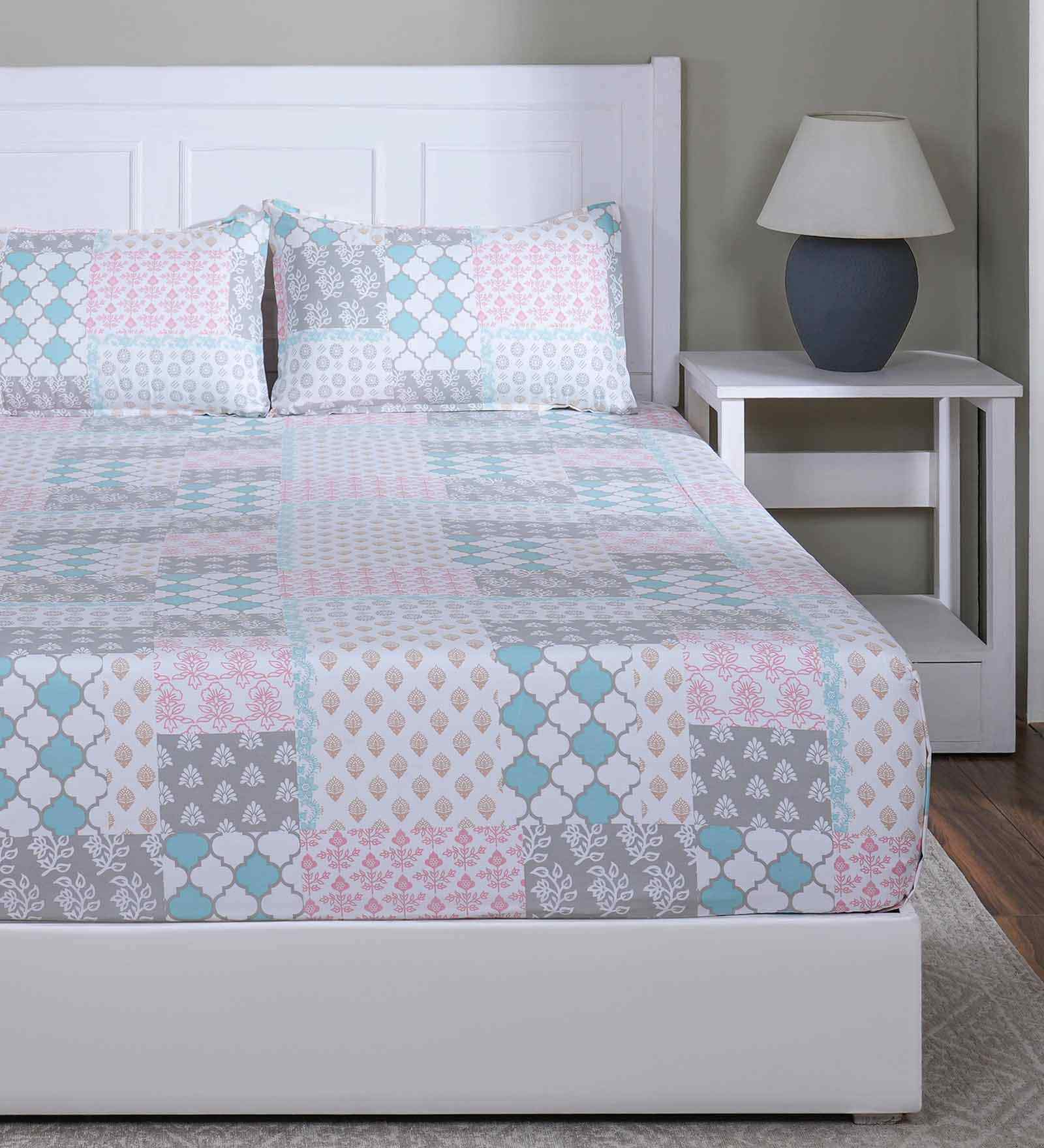 Blue Floral Print 144 TC Cotton Double Bed Fitted Sheet with 2 Pillow Case Sensory Bloom Collection