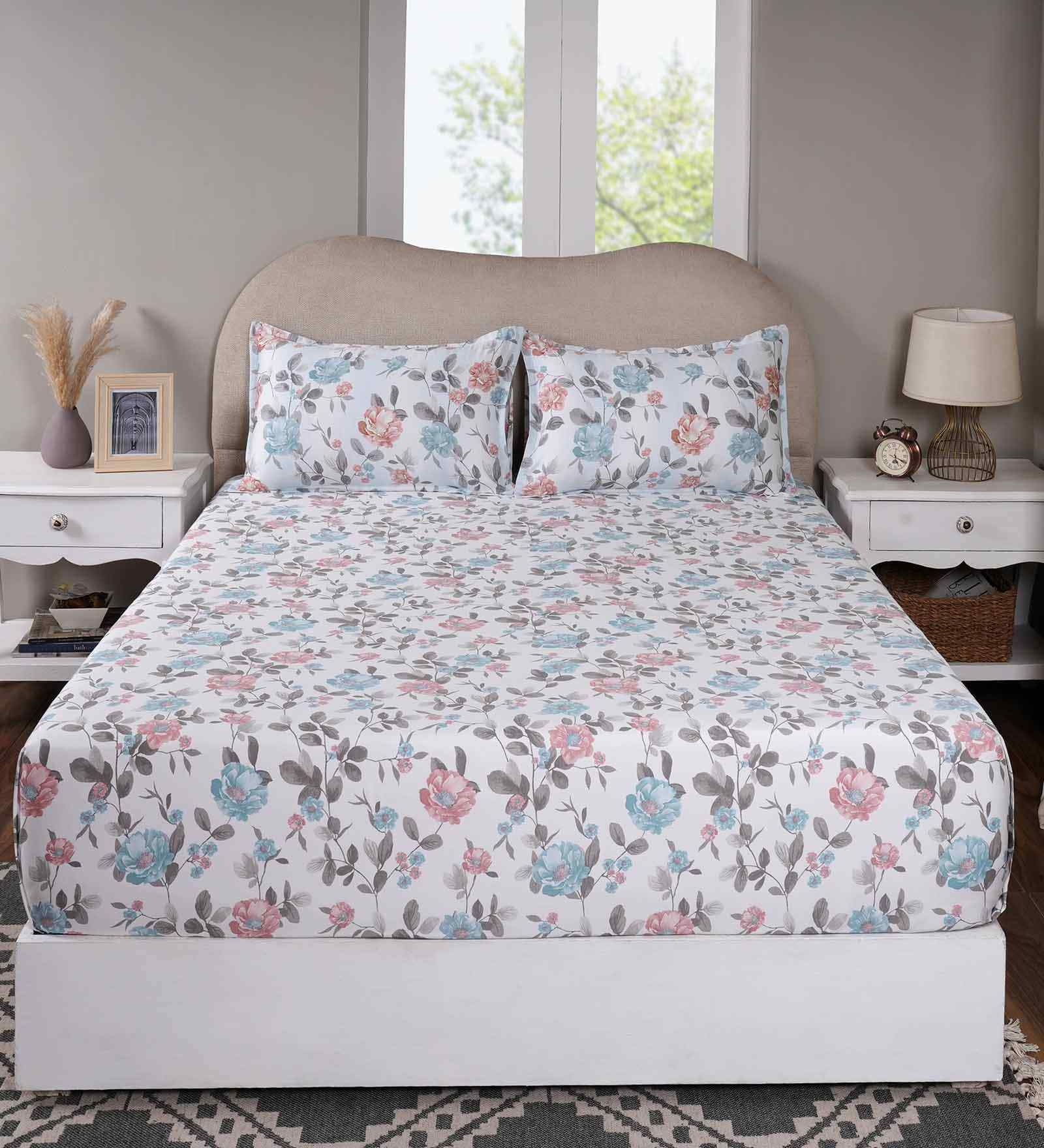Blue Floral Print 300 TC Cotton Double Bed Fitted Sheet with 2 Pillow Case Sensory Bloom Collection