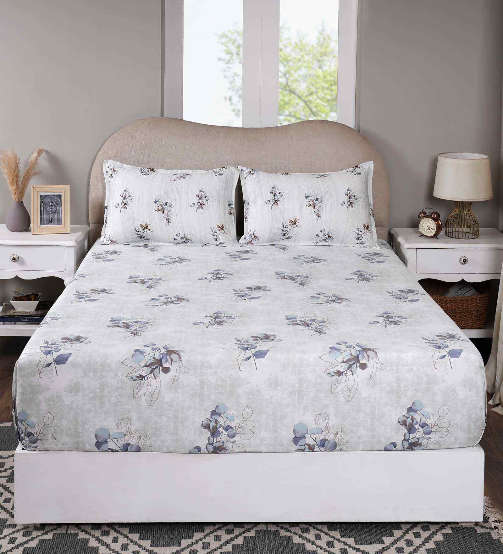 Blue Floral Print 300 TC Cotton Double Bed Fitted Sheet with 2 Pillow Case Sensory Bloom Collection
