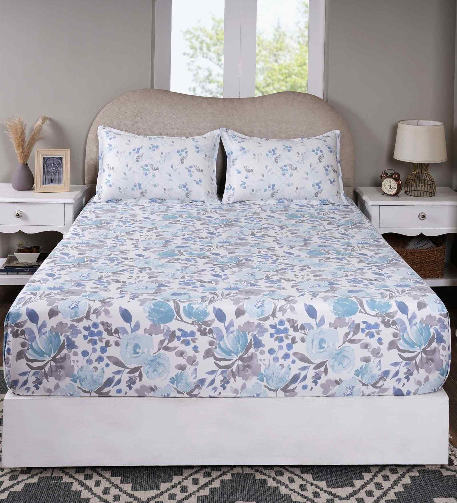 Blue Floral Print 300 TC Cotton Double Bed Fitted Sheet with 2 Pillow Case Sensory Bloom Collection