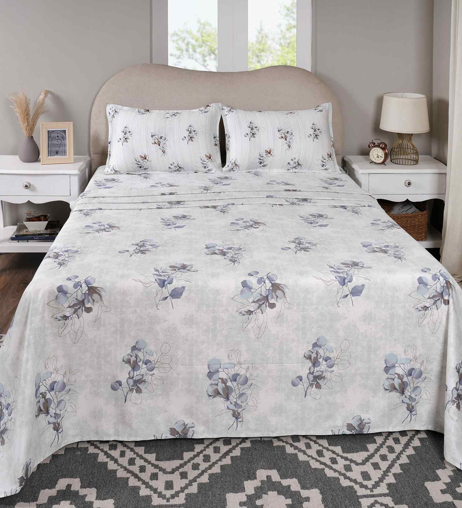 Blue Floral Print 300 TC Cotton Double Bed Sheet with 2 Pillow Covers Sensory Bloom Collection